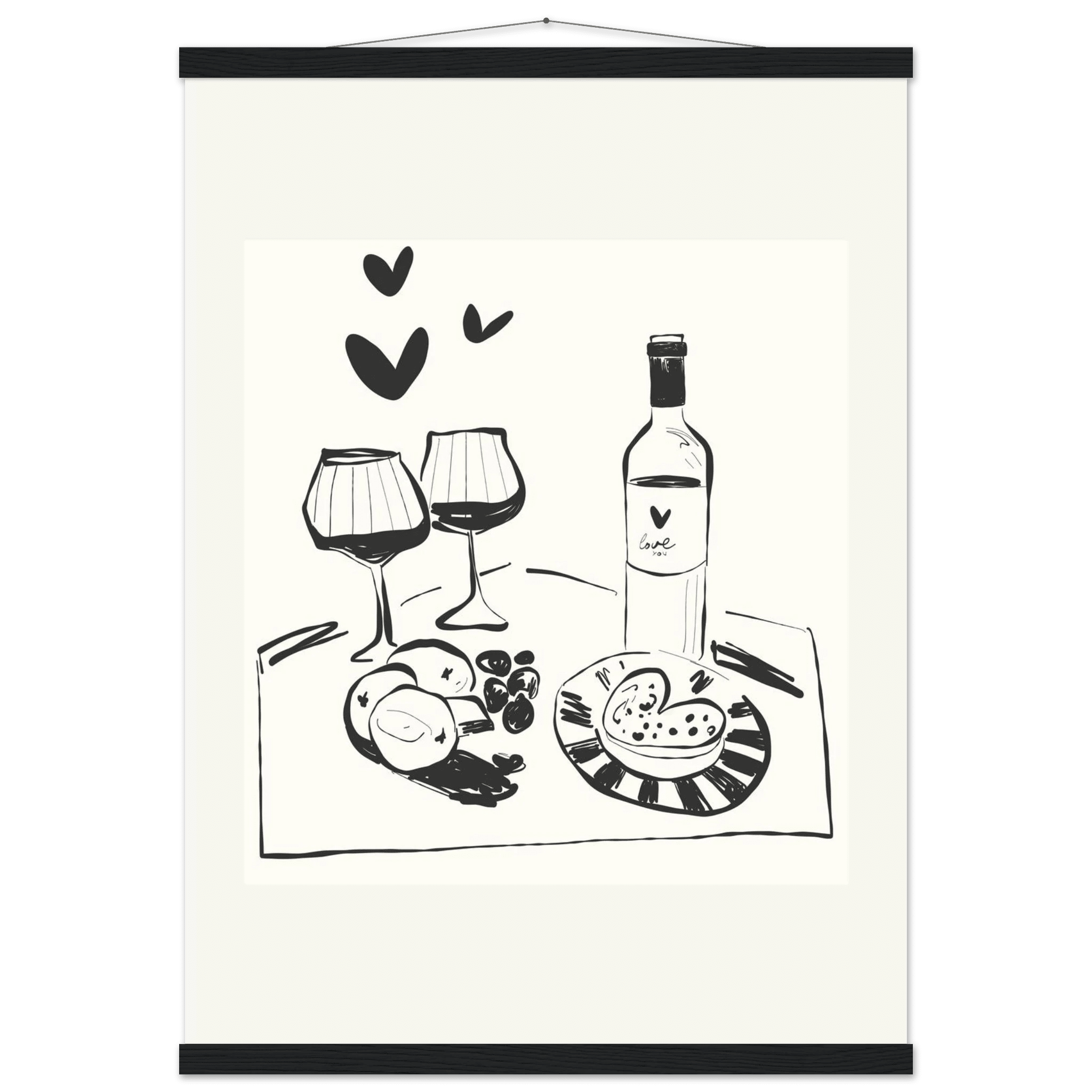 Wine for Two Print | Black Line Art Romantic Kitchen Wall Art | Couples Poster - Evergreen Posters