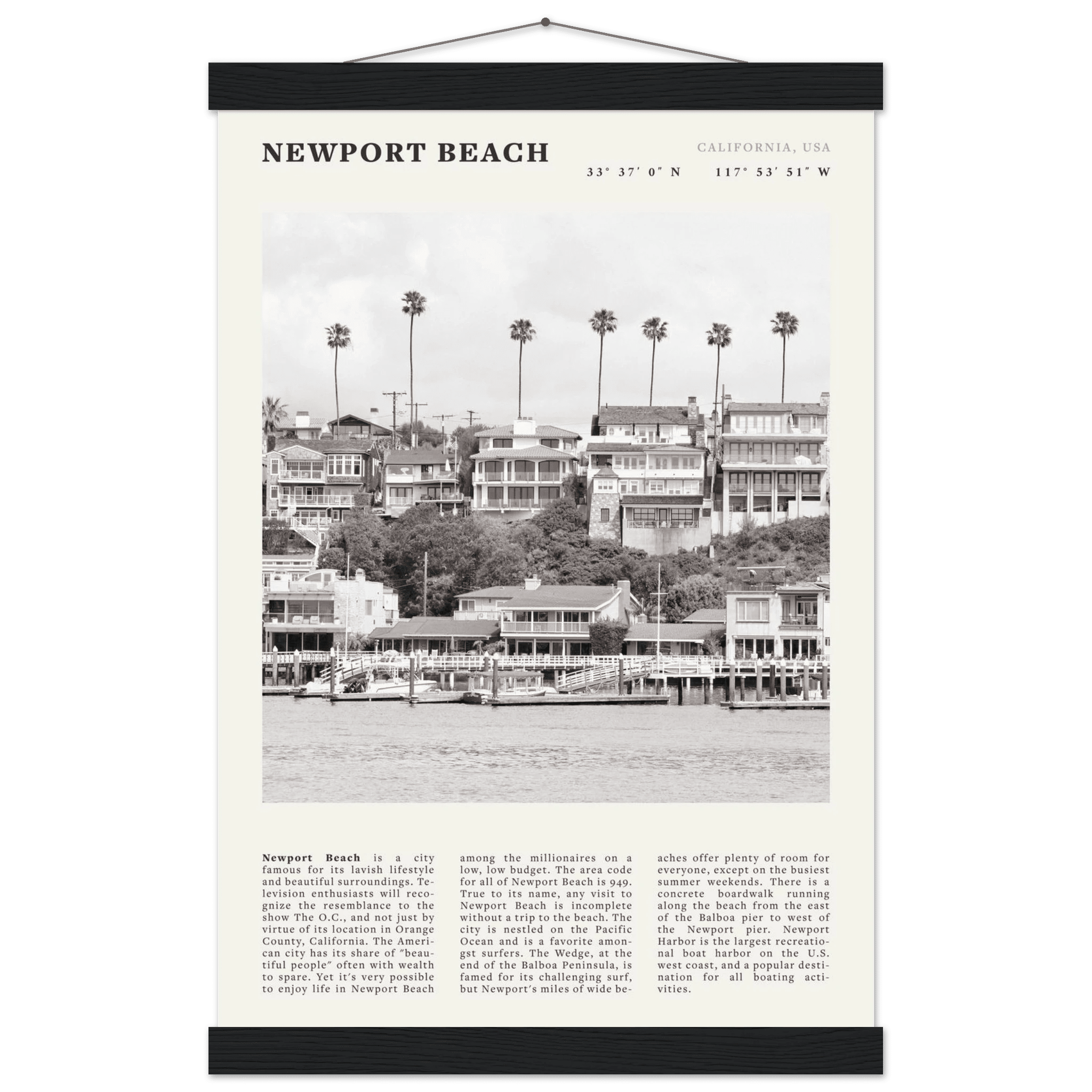Newport Beach Poster | Black & White California Harbor Wall Art | Coastal Print - Evergreen Posters