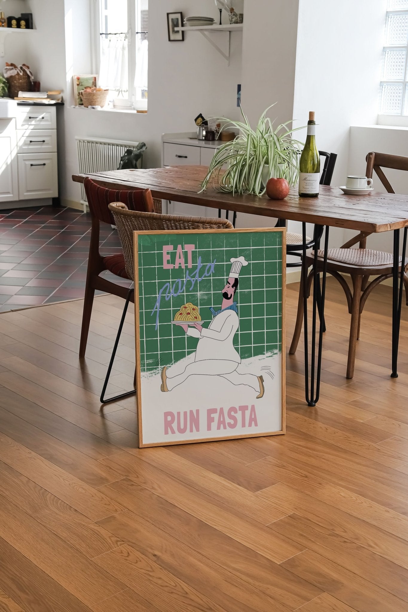 Eat Pasta Run Fasta Poster – Playful Kitchen Wall Art Print (Green Edition) - Evergreen Posters