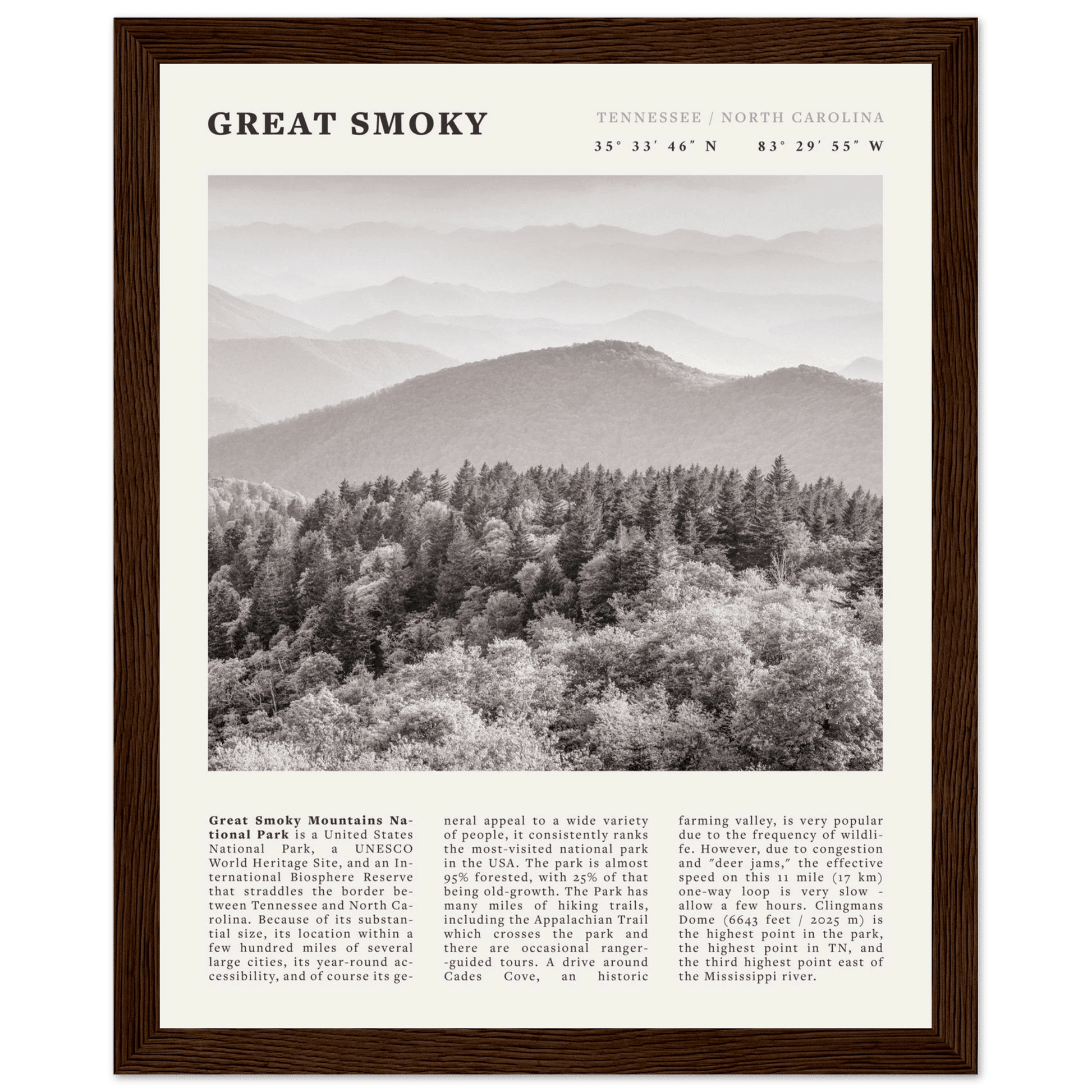 Great Smoky Mountains Poster | Black & White National Park Wall Art | Tennessee Print - Evergreen Posters