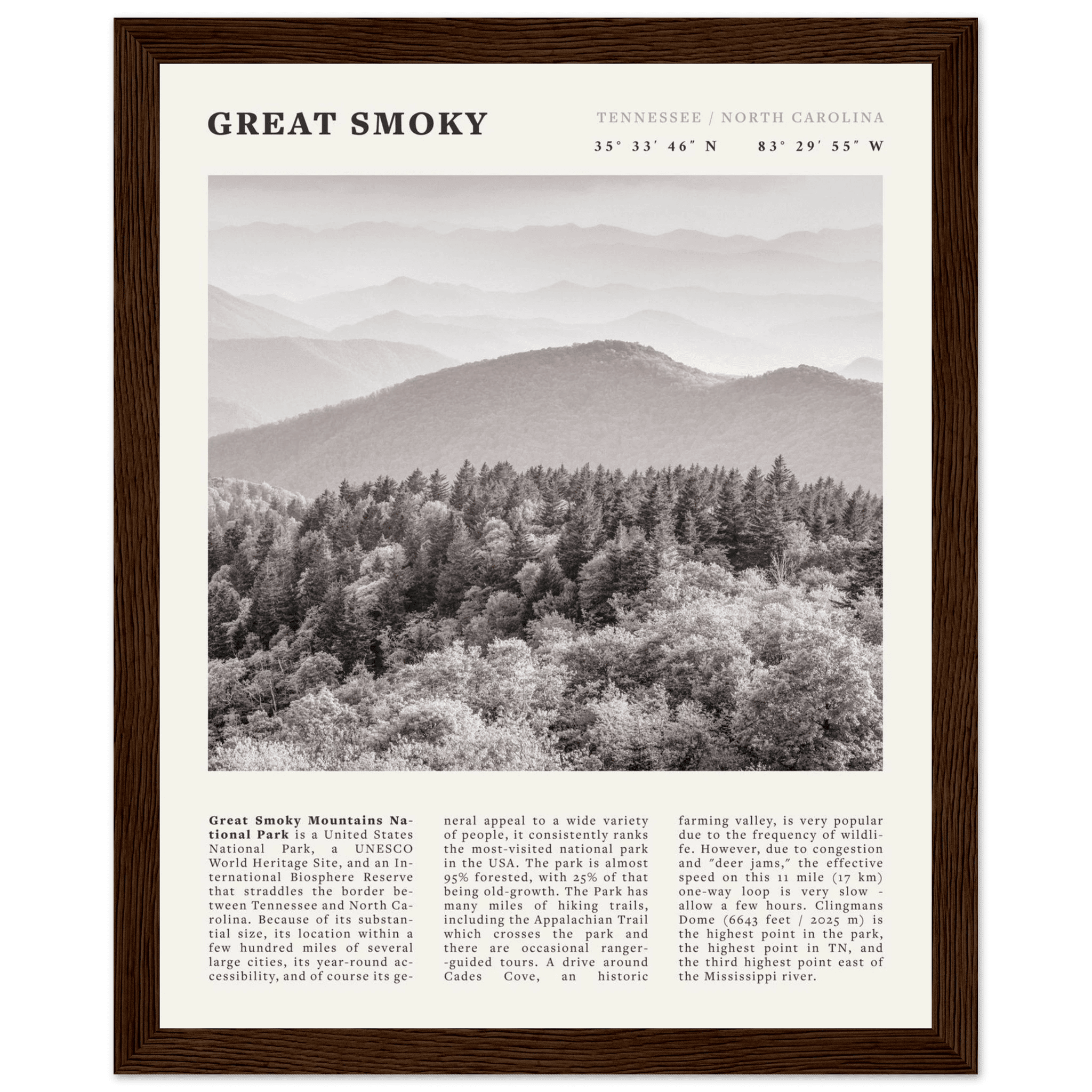 Great Smoky Mountains Poster | Black & White National Park Wall Art | Tennessee Print - Evergreen Posters