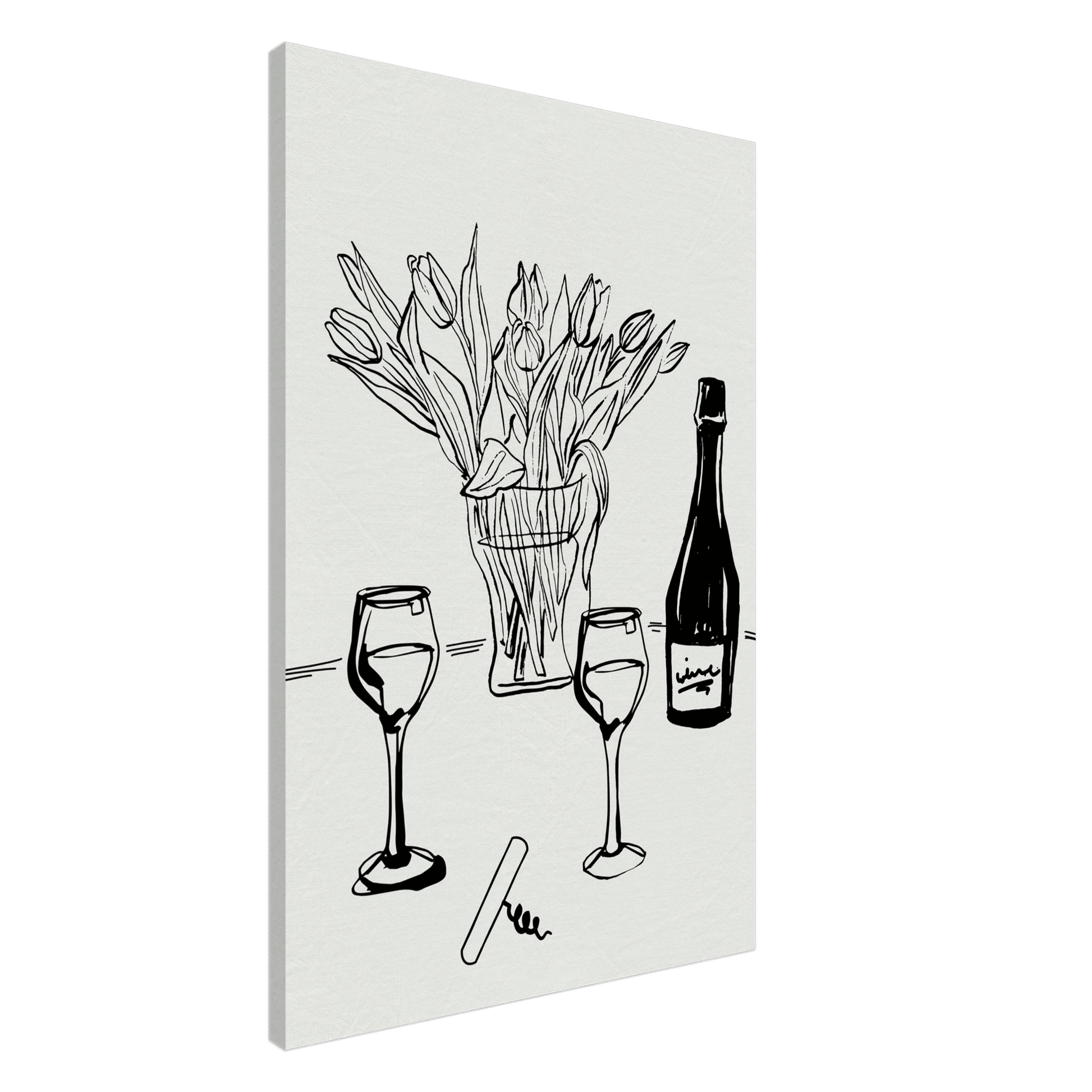 Wine & Tulips Print | Black Line Art Wine Bottle Wall Art | Minimalist Kitchen Poster - Evergreen Posters