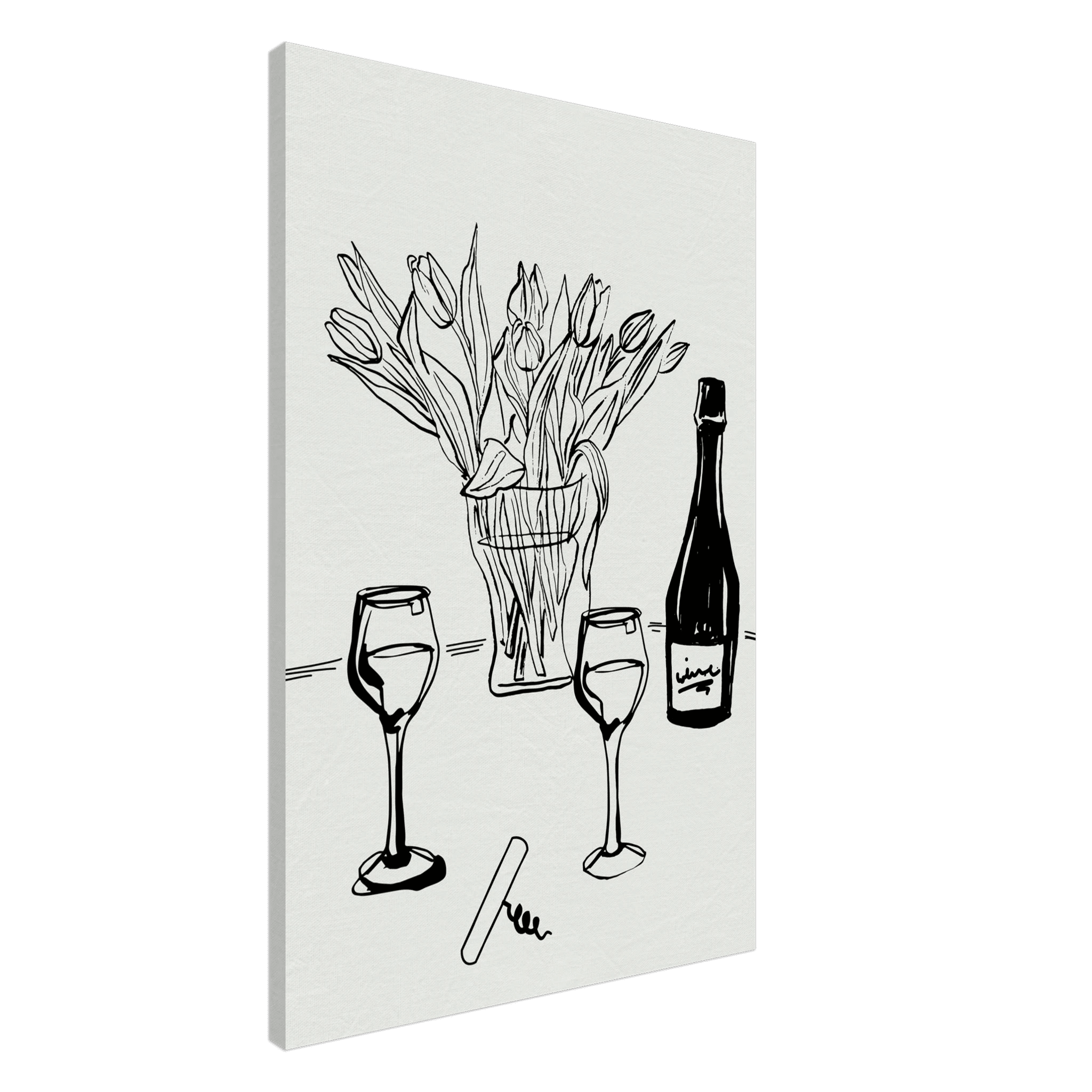 Wine & Tulips Print | Black Line Art Wine Bottle Wall Art | Minimalist Kitchen Poster - Evergreen Posters