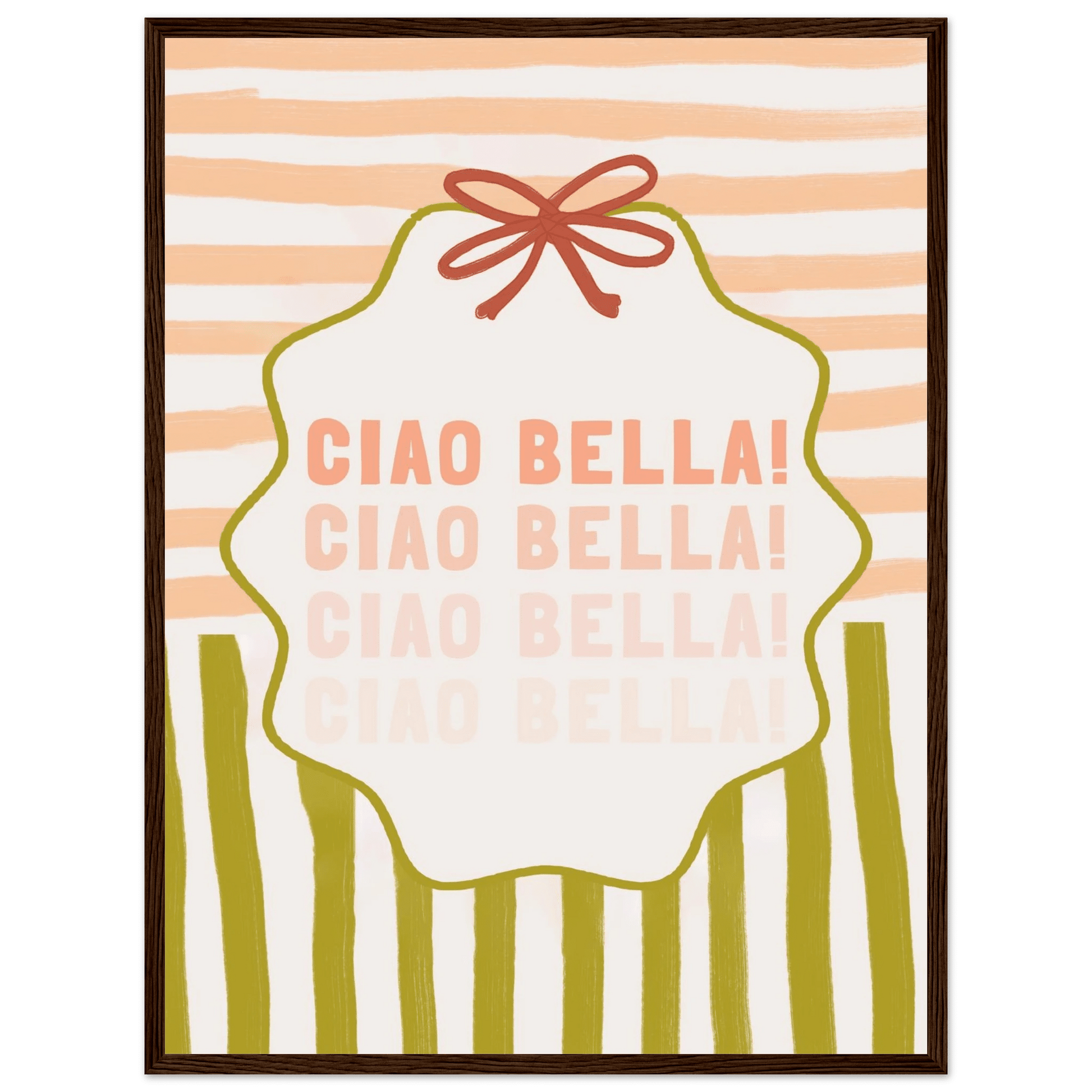 Ciao Bella Poster | Italian Typography Wall Art | Retro Stripe Bow Print | Cute Room Decor - Evergreen Posters