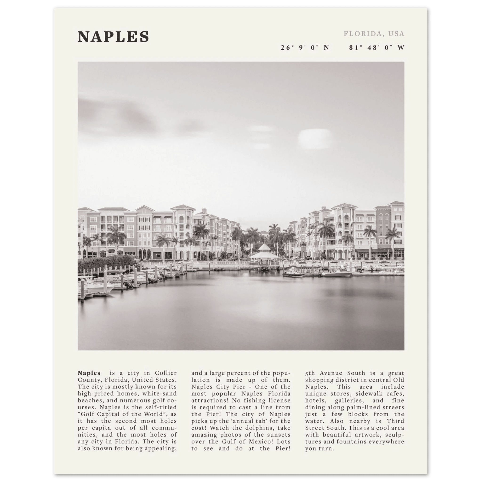 Naples Florida Poster | Black & White Gulf Coast Wall Art | FL Travel Print - Evergreen Posters