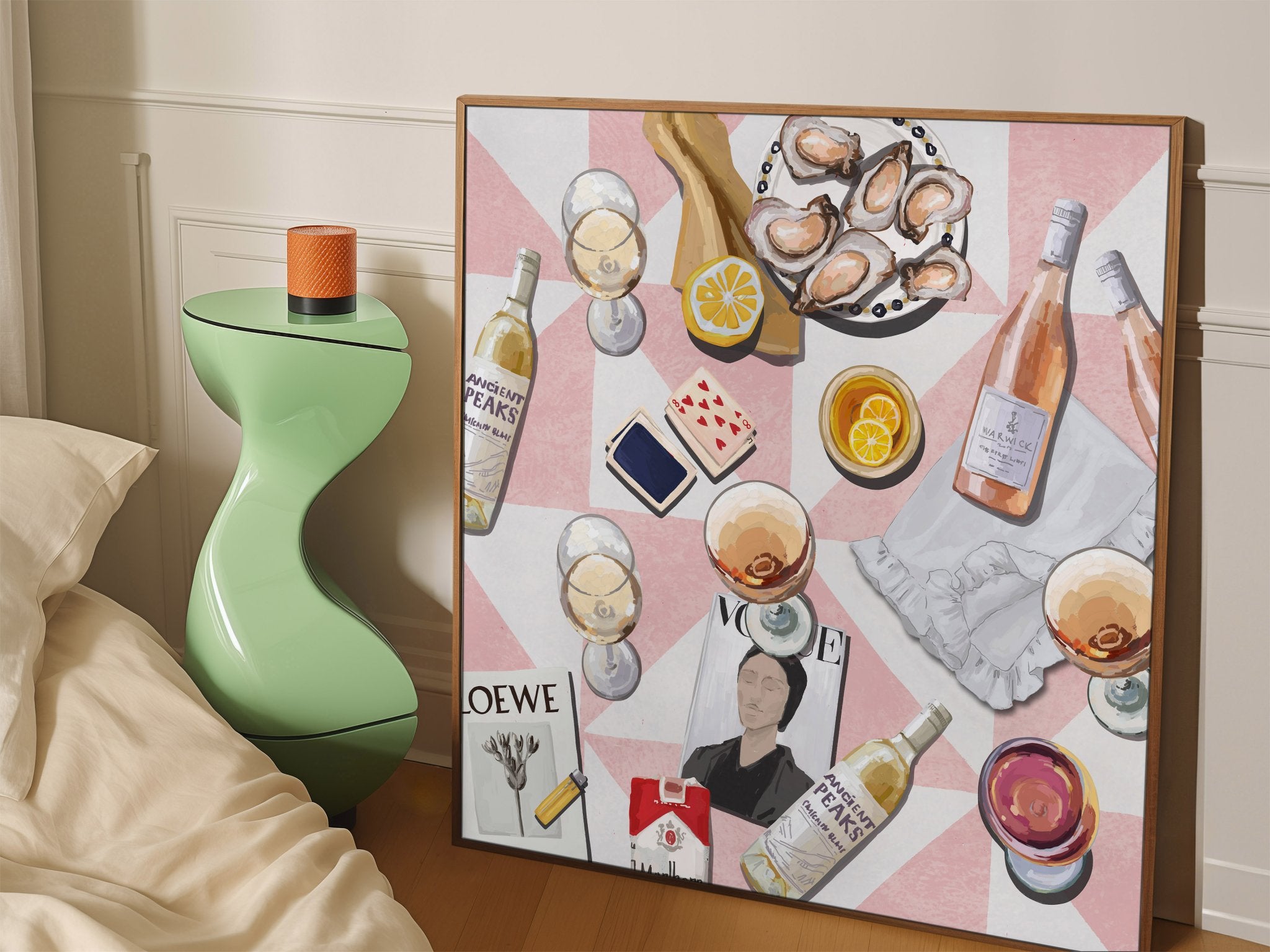 Vogue Oysters & Rosé Poster | Dopamine Decor Luxury Wall Art | Pink Tile Square Print - Evergreen Posters