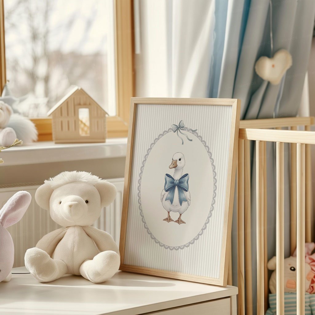 Blue Bow Duck Nursery Poster – Sweet Baby Room Wall Art Print - Evergreen Posters