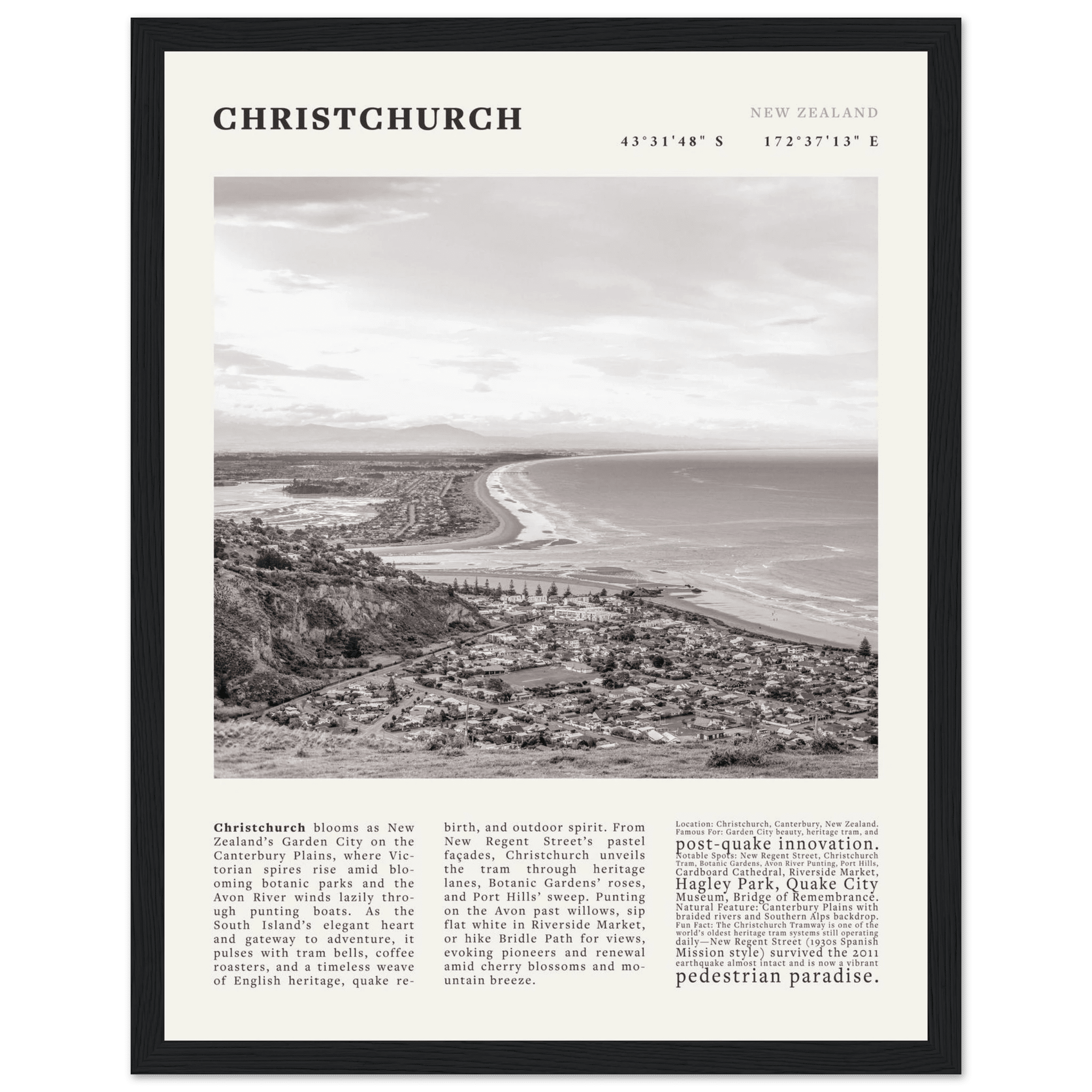 Christchurch New Zealand Poster Black and White – Vintage Garden City Panorama Print - Evergreen Posters