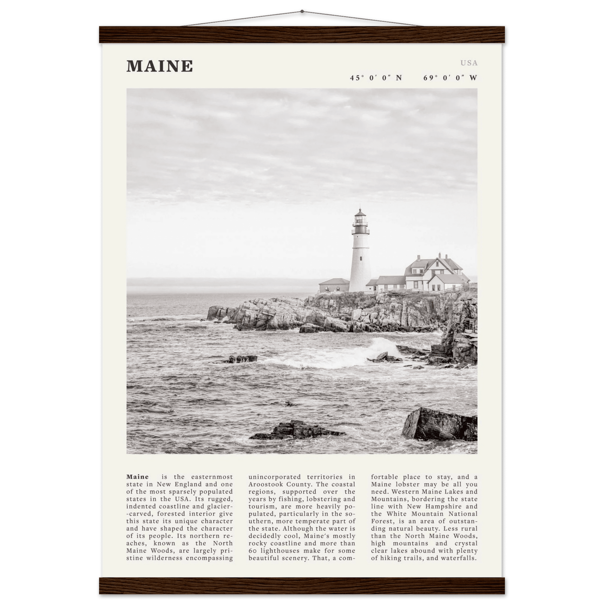 Maine Poster | Black & White Lighthouse Wall Art | New England Coastal Travel Print - Evergreen Posters