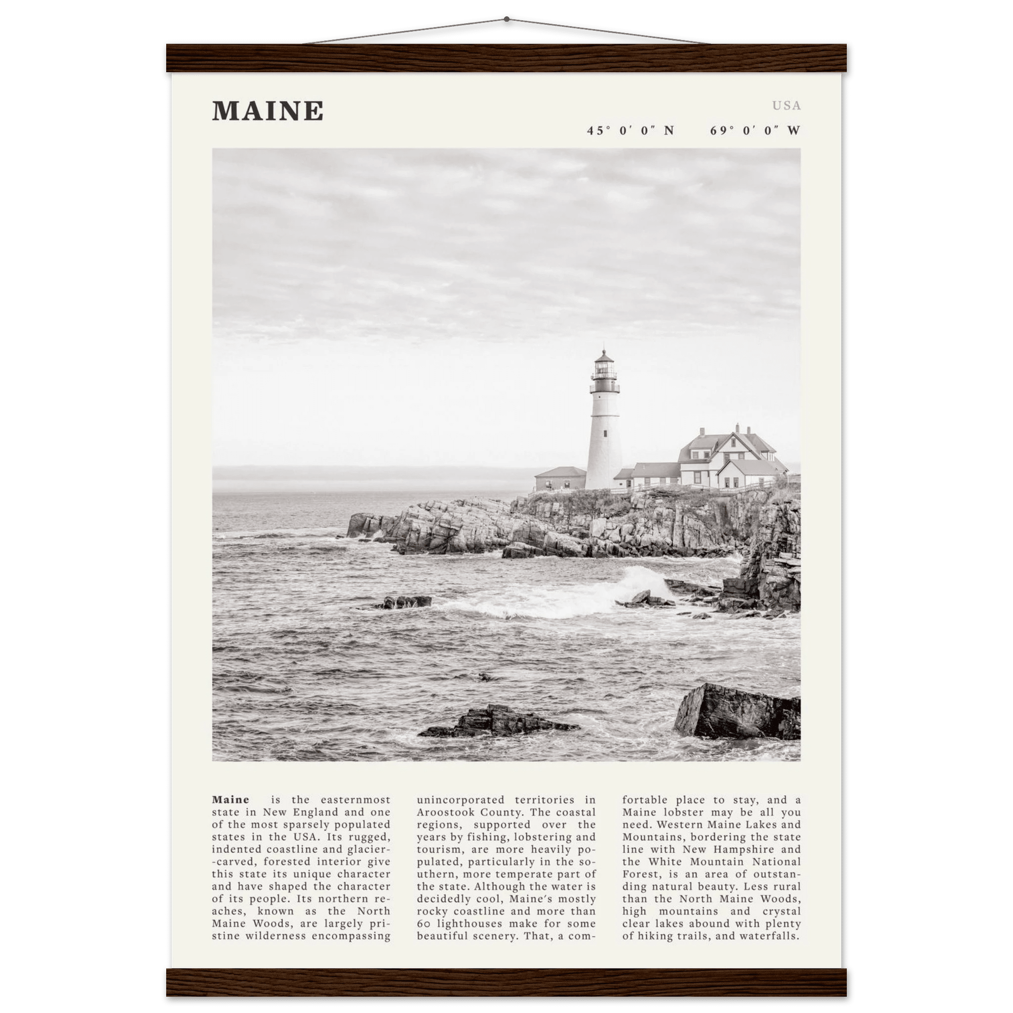 Maine Poster | Black & White Lighthouse Wall Art | New England Coastal Travel Print - Evergreen Posters