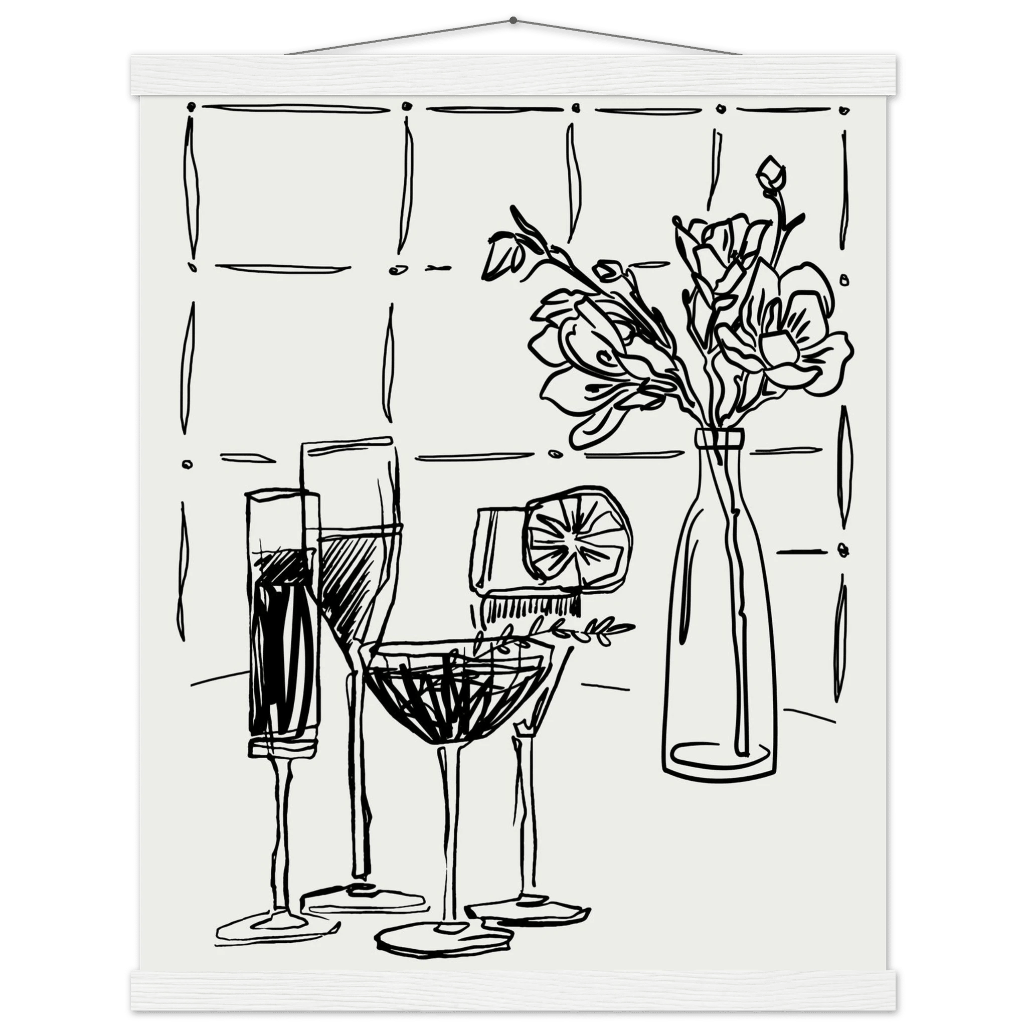 Cocktails & Flowers Print | Black Line Art Drinks Wall Art | Kitchen Bar Poster - Evergreen Posters