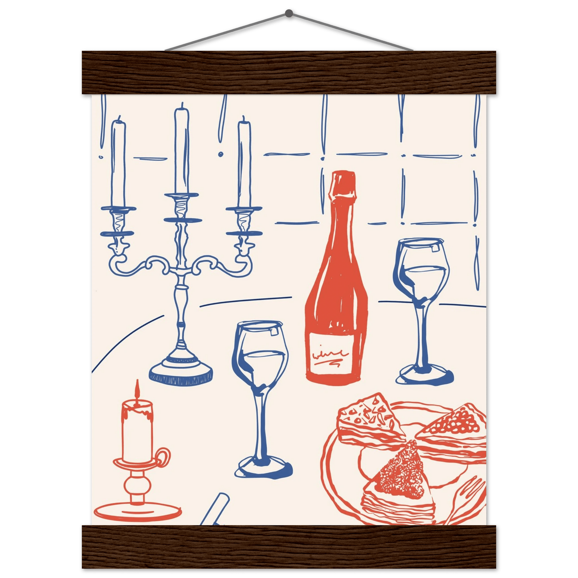Candlelight Dinner Print | Wine & Candelabra Line Art Wall Art | Kitchen Poster - Evergreen Posters