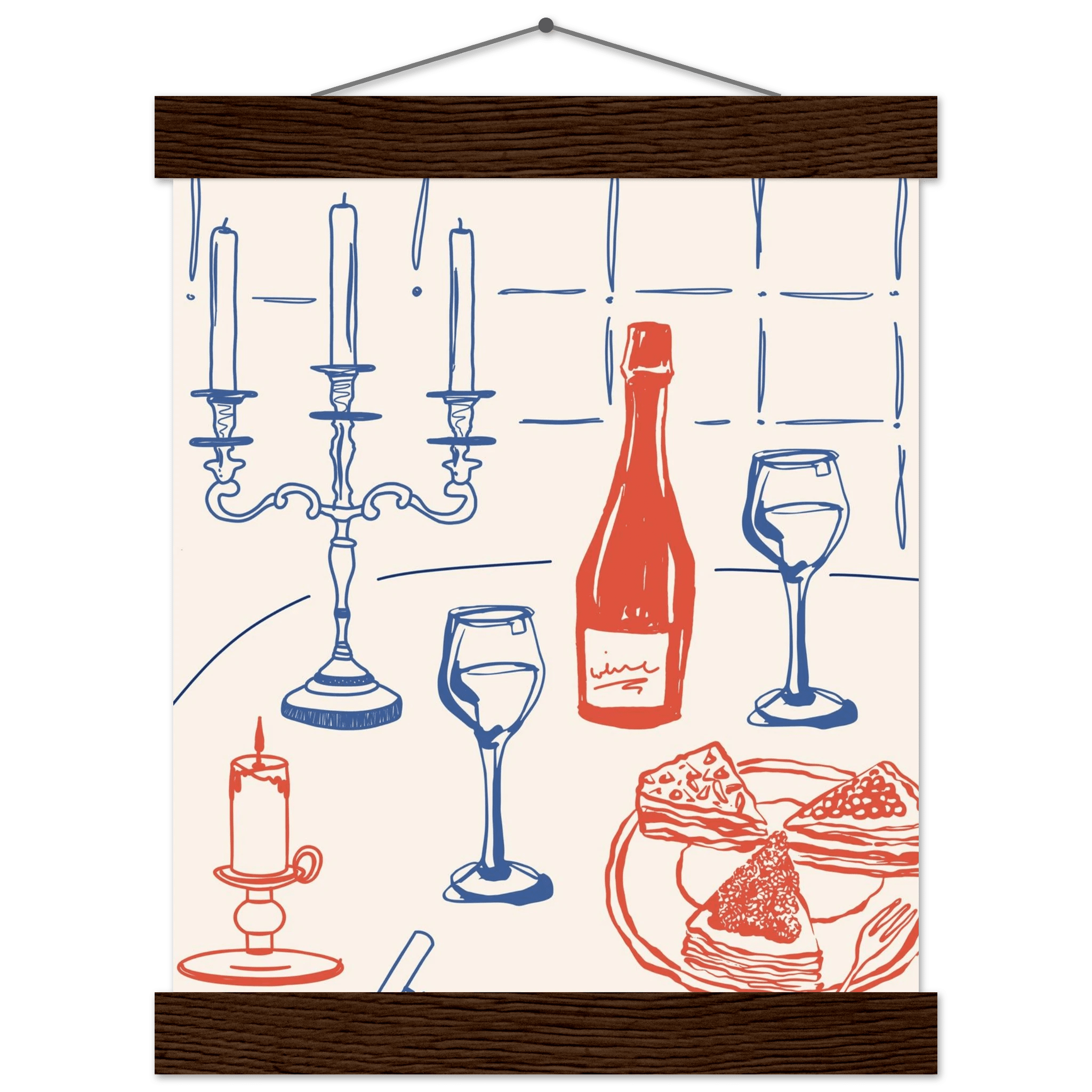 Candlelight Dinner Print | Wine & Candelabra Line Art Wall Art | Kitchen Poster - Evergreen Posters