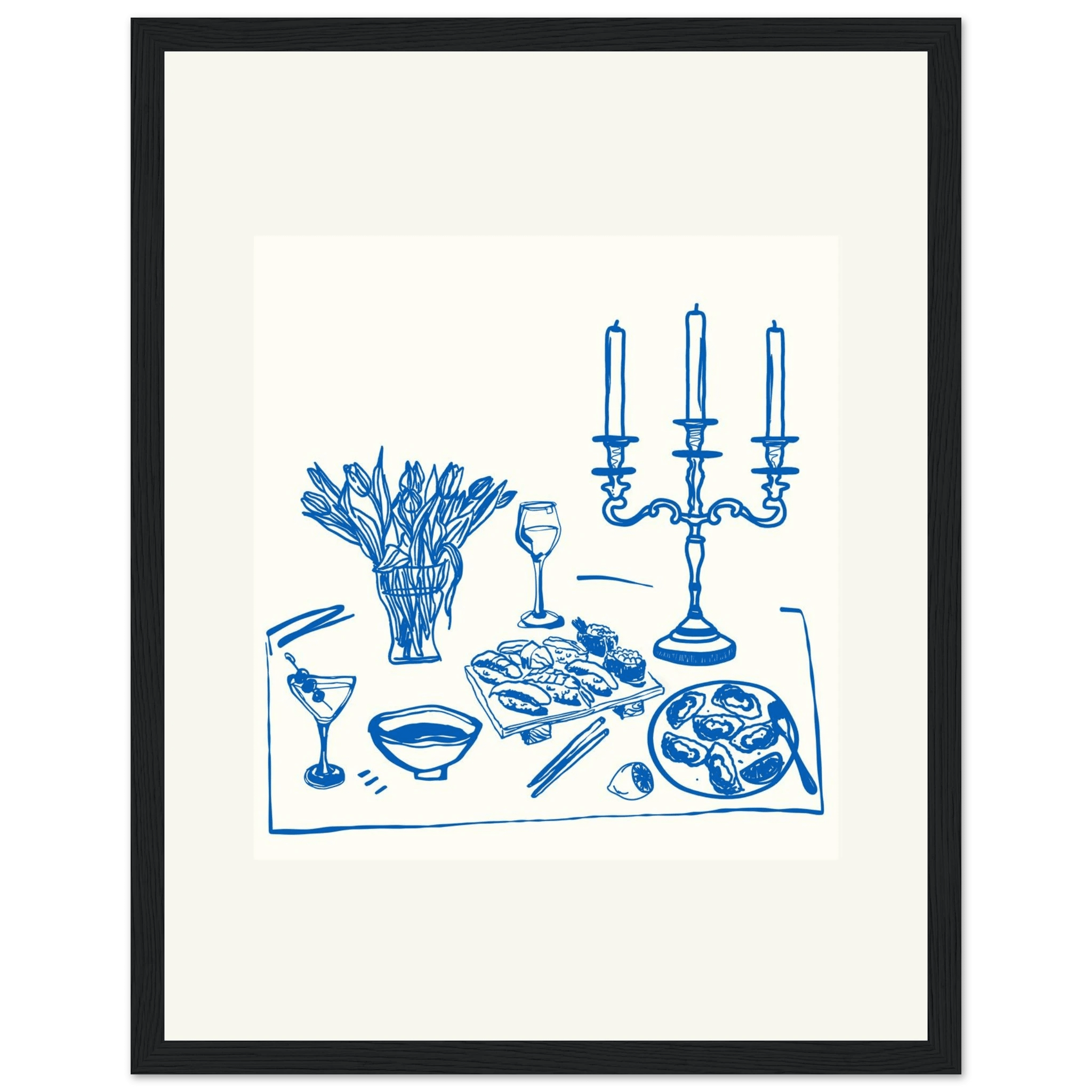 Fine Dining Table Print | Blue Line Art Kitchen Wall Art | Elegant Dining Room Poster - Evergreen Posters