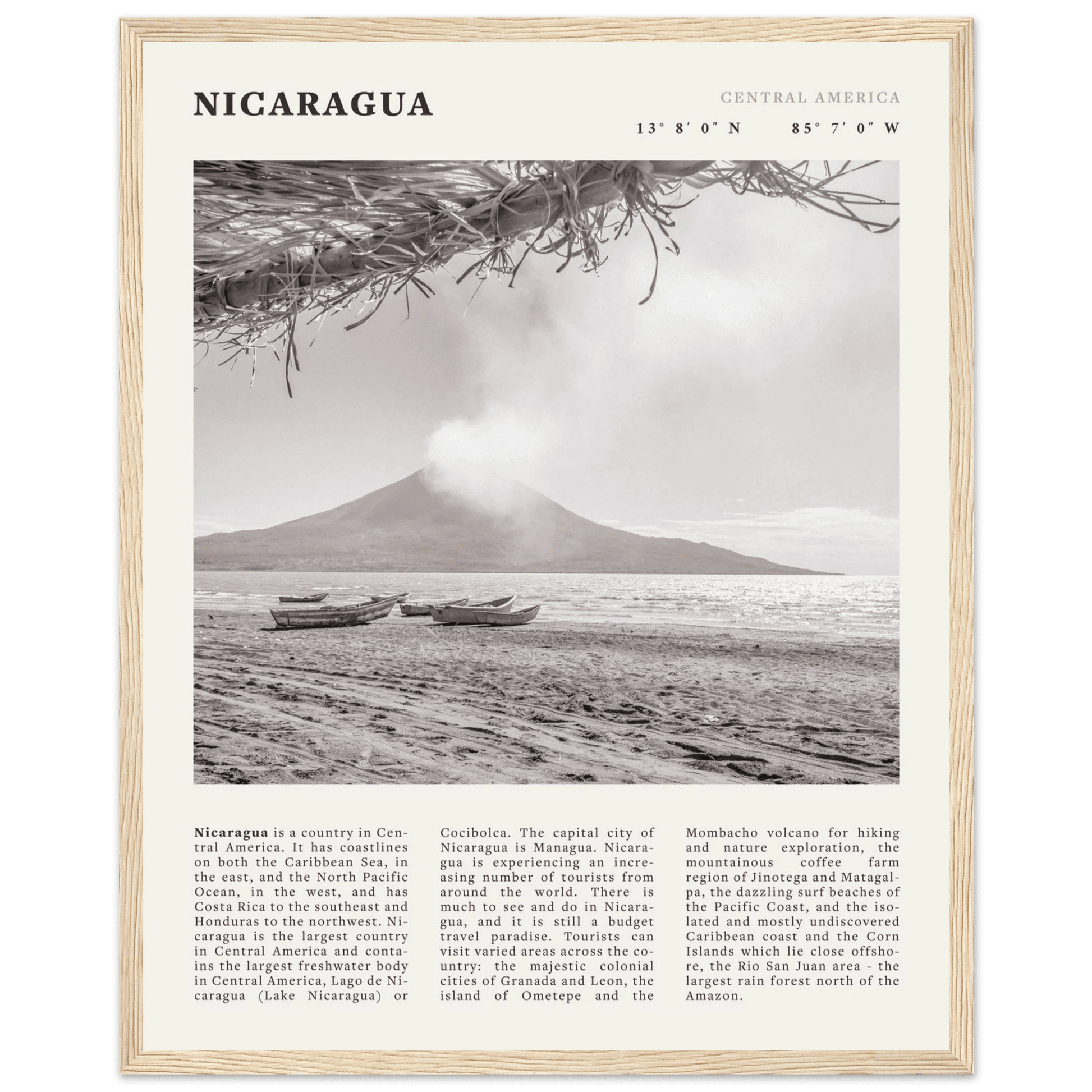 Nicaragua Poster | Black & White Volcano Wall Art | Central America Travel Print - Evergreen Posters