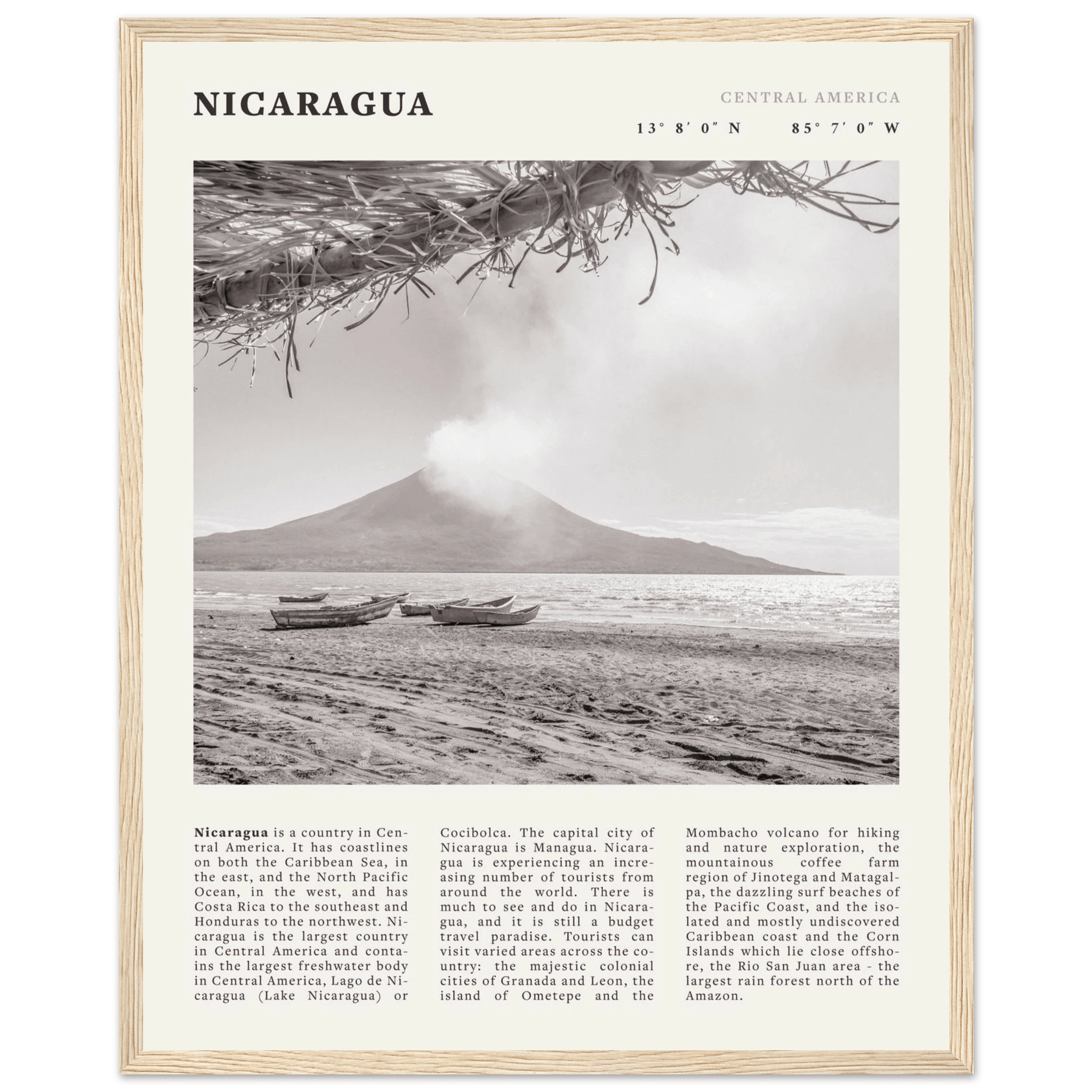 Nicaragua Poster | Black & White Volcano Wall Art | Central America Travel Print - Evergreen Posters