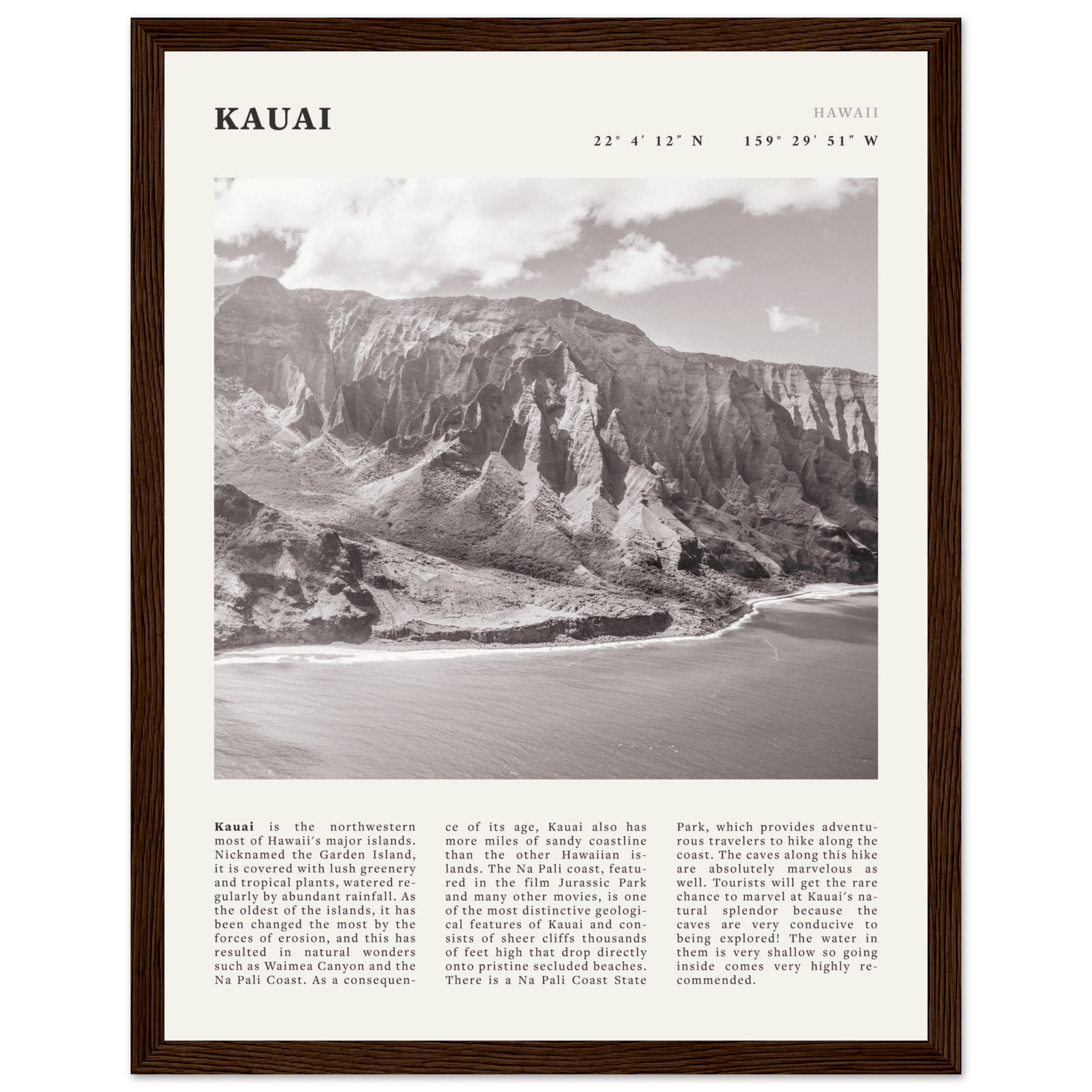 Kauai Poster | Black & White Na Pali Coast Wall Art | Hawaii Travel Print Decor - Evergreen Posters