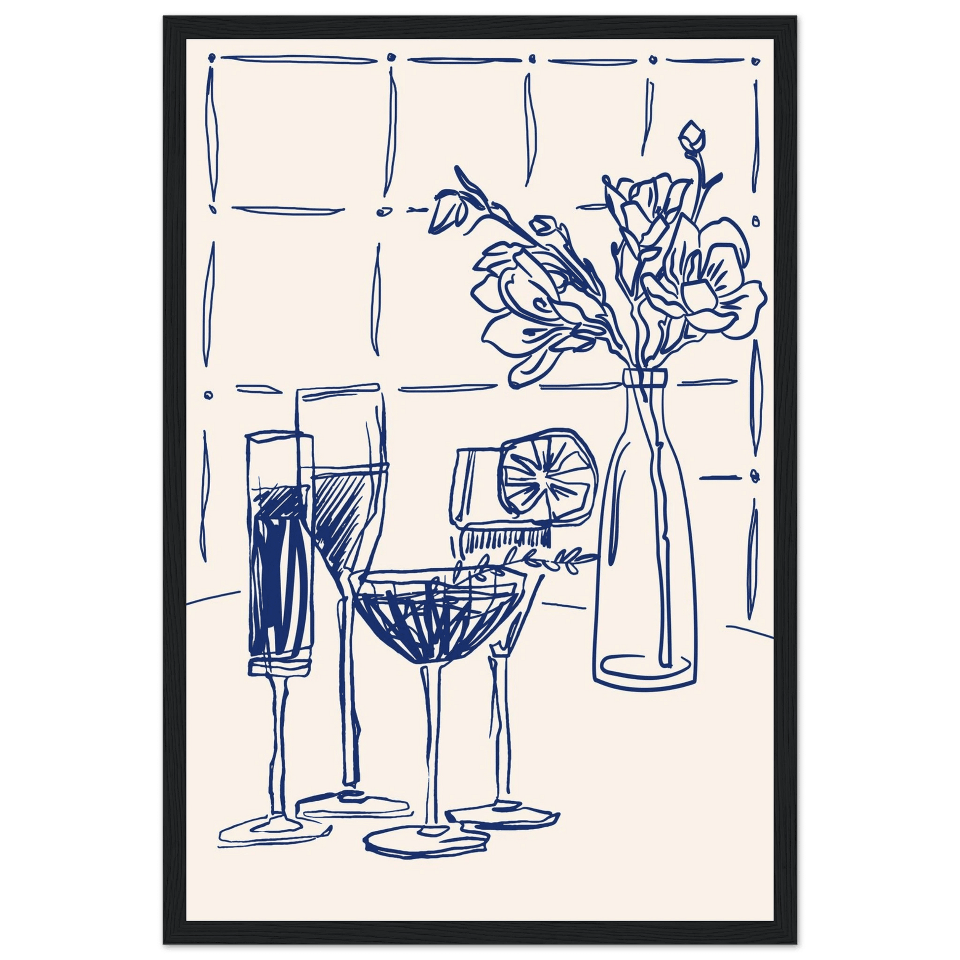 Cocktails & Flowers Print | Navy Blue Line Art Drinks Wall Art | Kitchen Bar Poster - Evergreen Posters