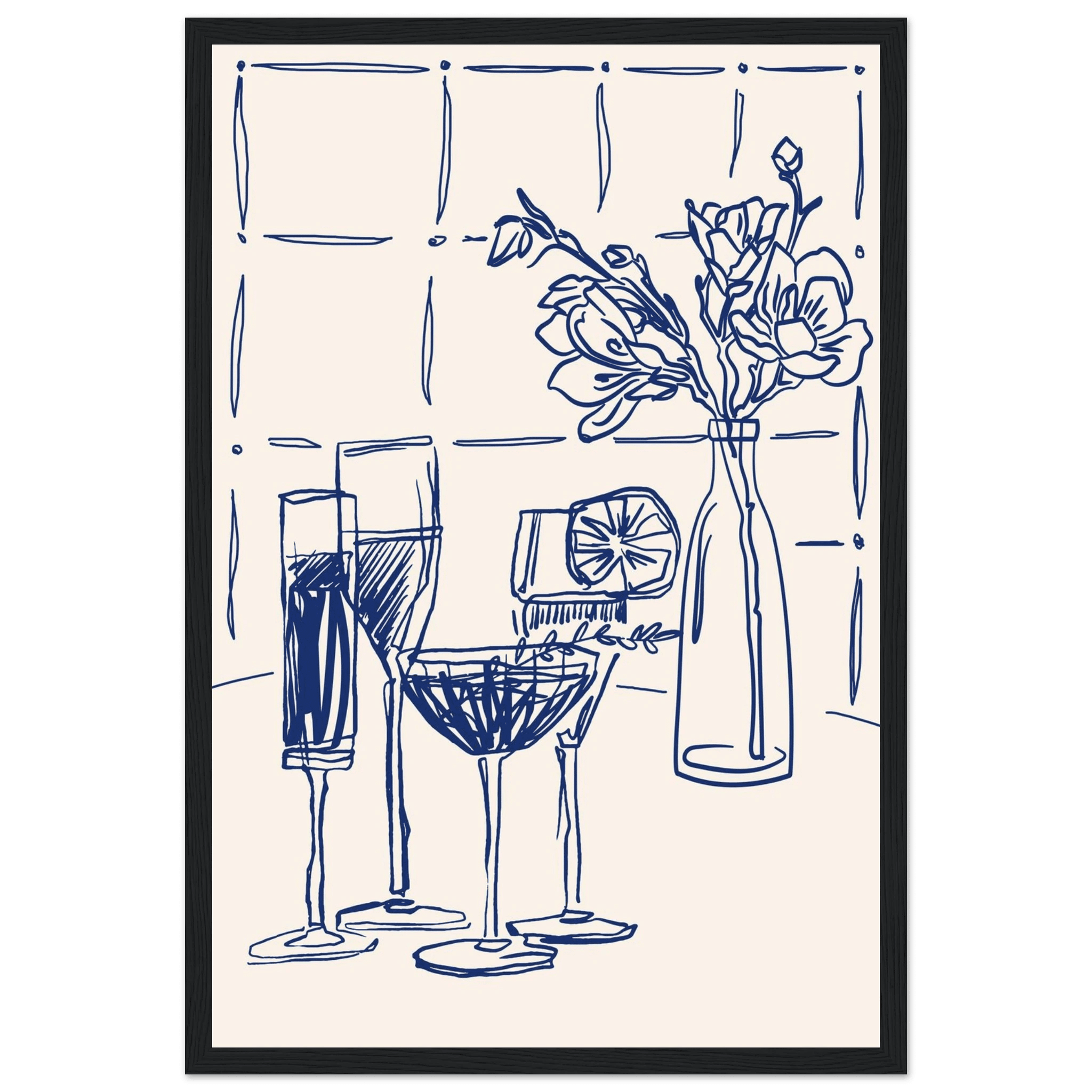 Cocktails & Flowers Print | Navy Blue Line Art Drinks Wall Art | Kitchen Bar Poster - Evergreen Posters