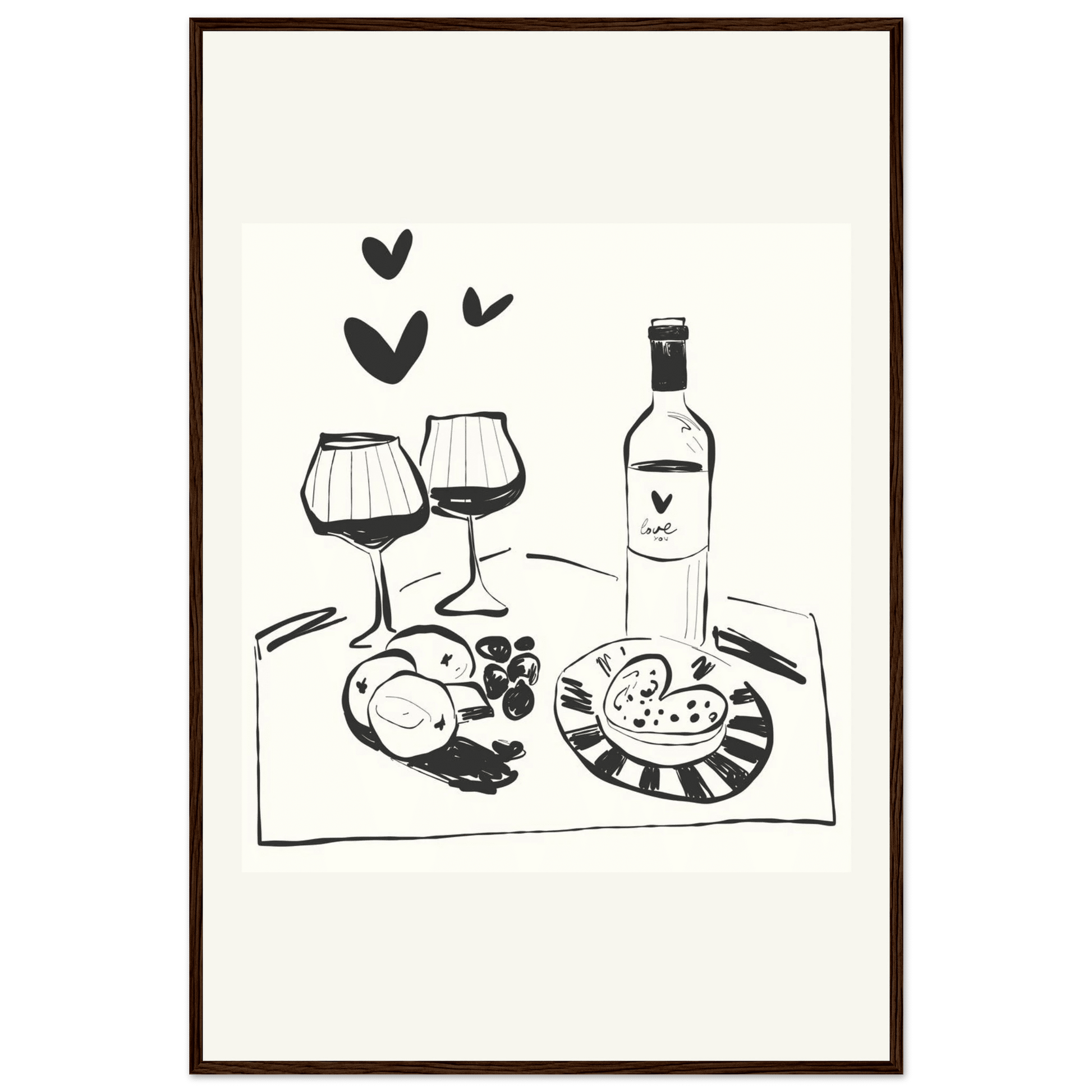 Wine for Two Print | Black Line Art Romantic Kitchen Wall Art | Couples Poster - Evergreen Posters