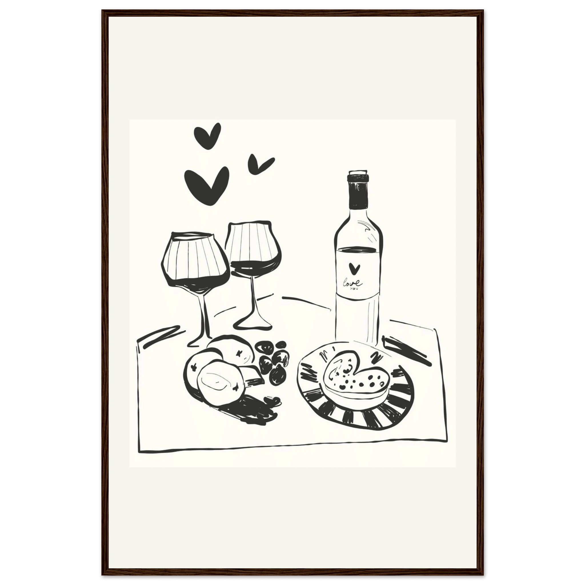 Wine for Two Print | Black Line Art Romantic Kitchen Wall Art | Couples Poster - Evergreen Posters