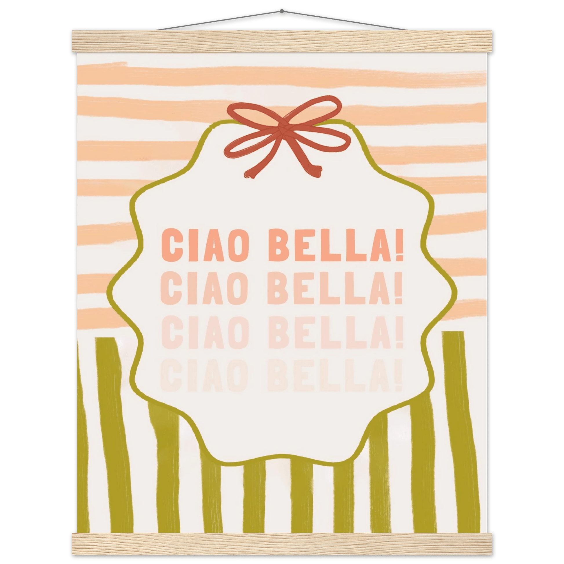 Ciao Bella Poster | Italian Typography Wall Art | Retro Stripe Bow Print | Cute Room Decor - Evergreen Posters