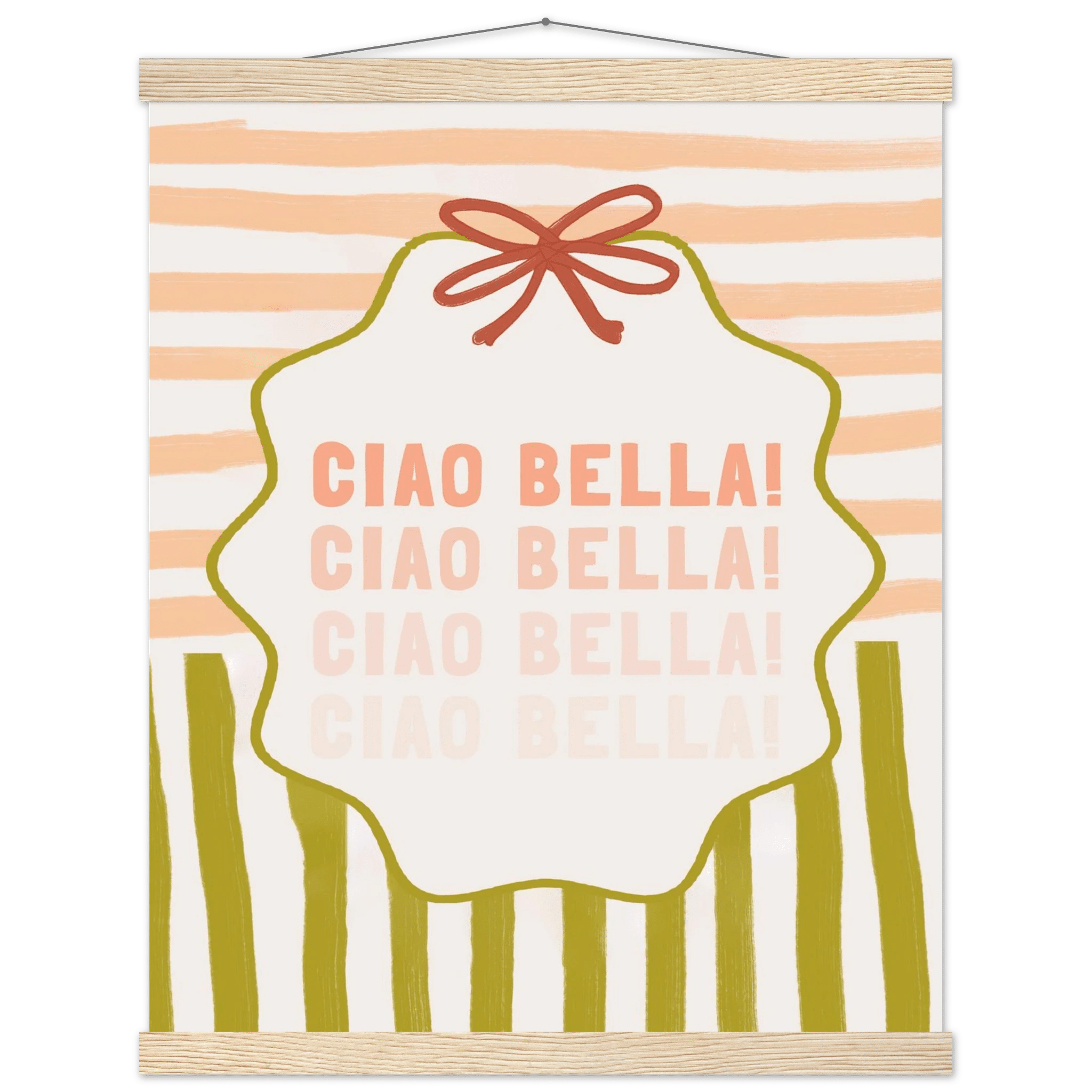 Ciao Bella Poster | Italian Typography Wall Art | Retro Stripe Bow Print | Cute Room Decor - Evergreen Posters