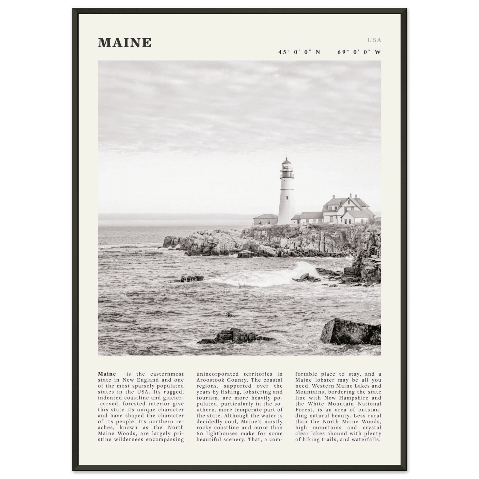 Maine Poster | Black & White Lighthouse Wall Art | New England Coastal Travel Print - Evergreen Posters