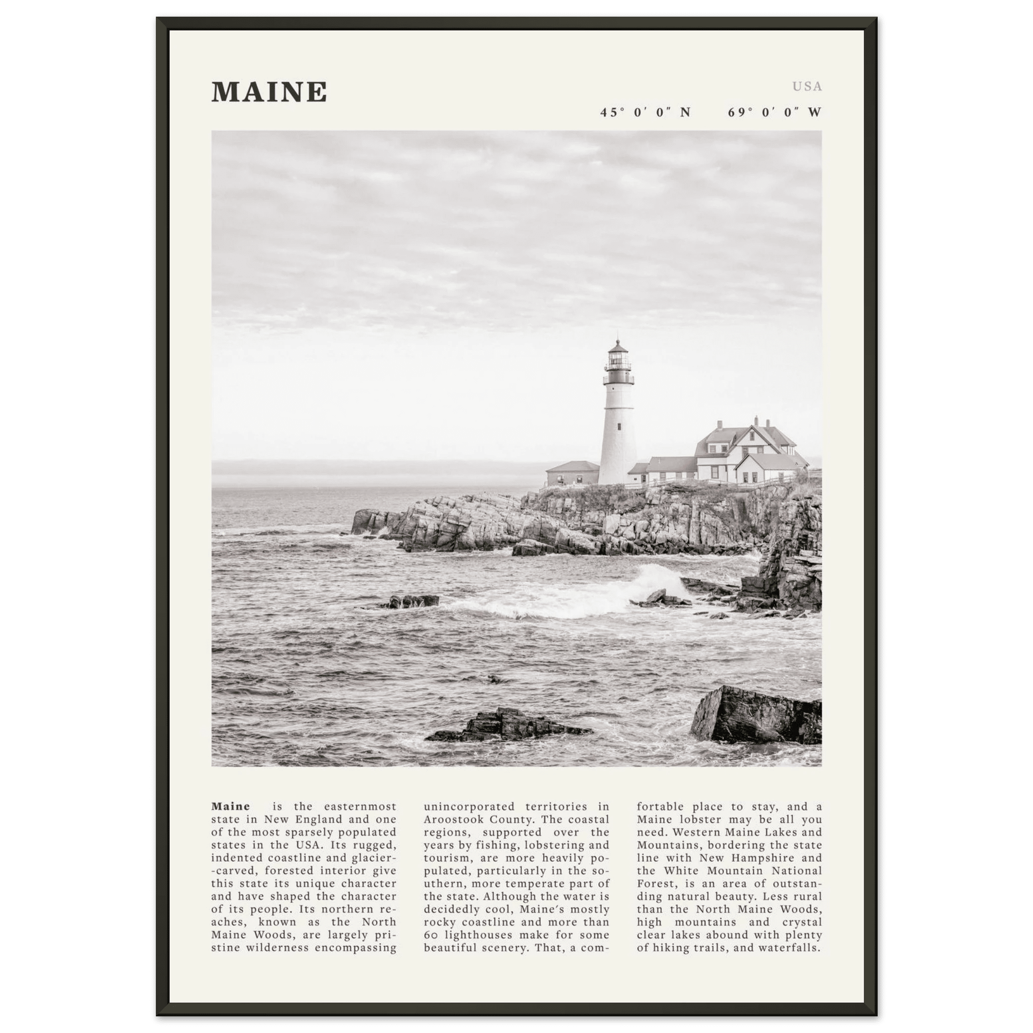 Maine Poster | Black & White Lighthouse Wall Art | New England Coastal Travel Print - Evergreen Posters