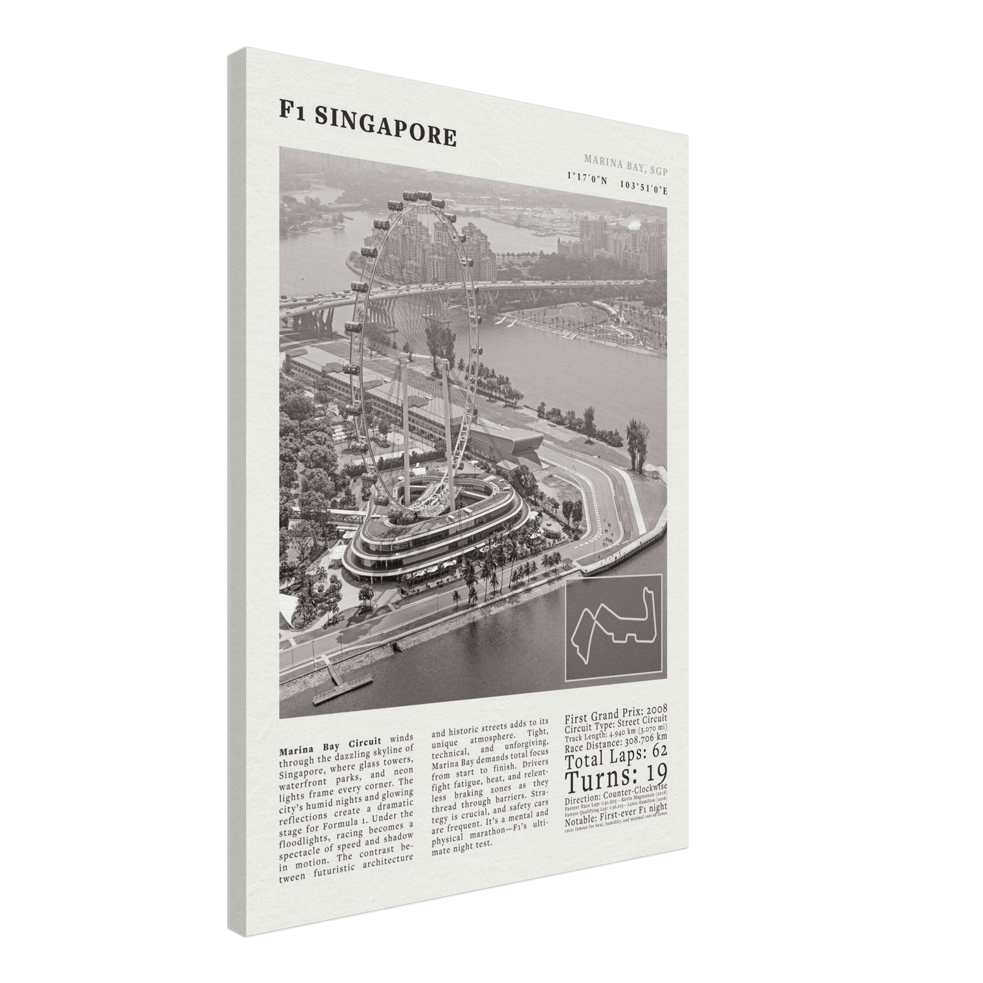 F1 Singapore Poster Black and White – Vintage Marina Bay Night Race Print (Digital & Printed Options) - Evergreen Posters