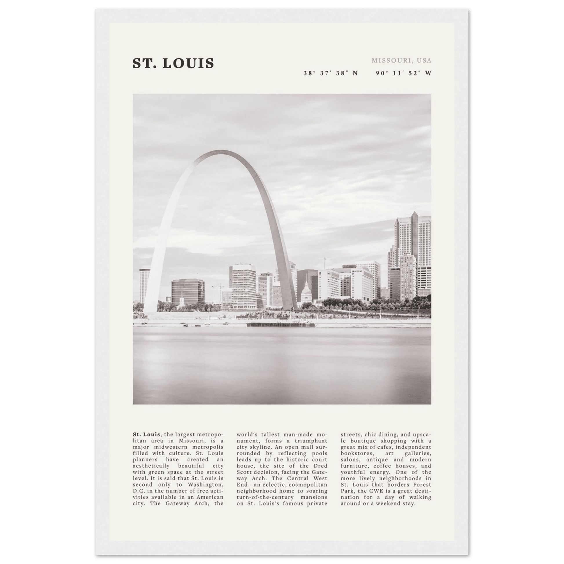 St. Louis Poster | Black & White Gateway Arch Wall Art | Missouri Travel Print - Evergreen Posters