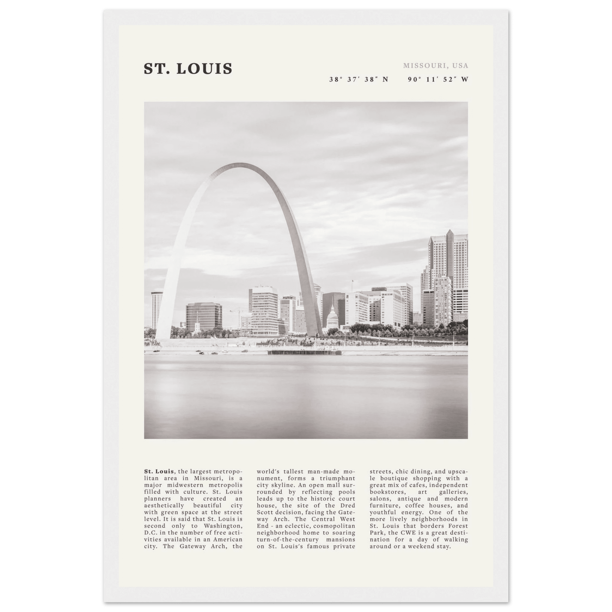 St. Louis Poster | Black & White Gateway Arch Wall Art | Missouri Travel Print - Evergreen Posters