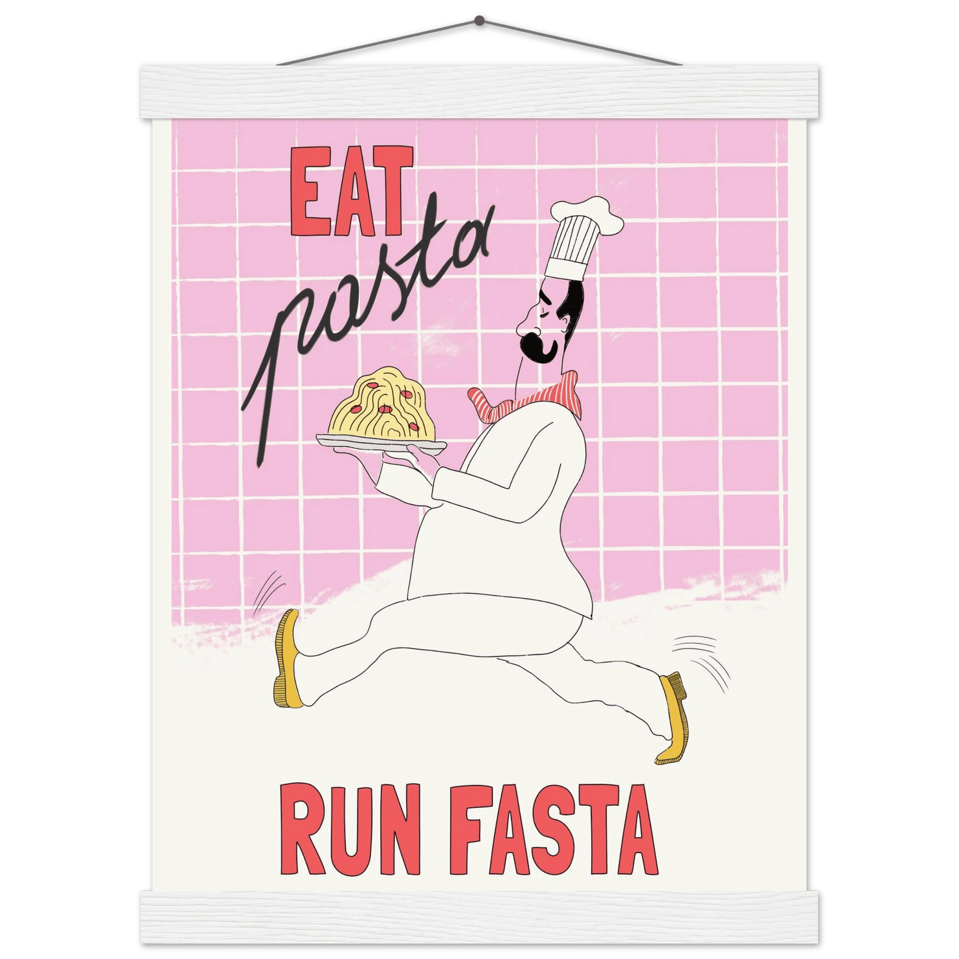 Eat Pasta Run Fasta Poster – Playful Kitchen Wall Art Print (Light Pink) - Evergreen Posters