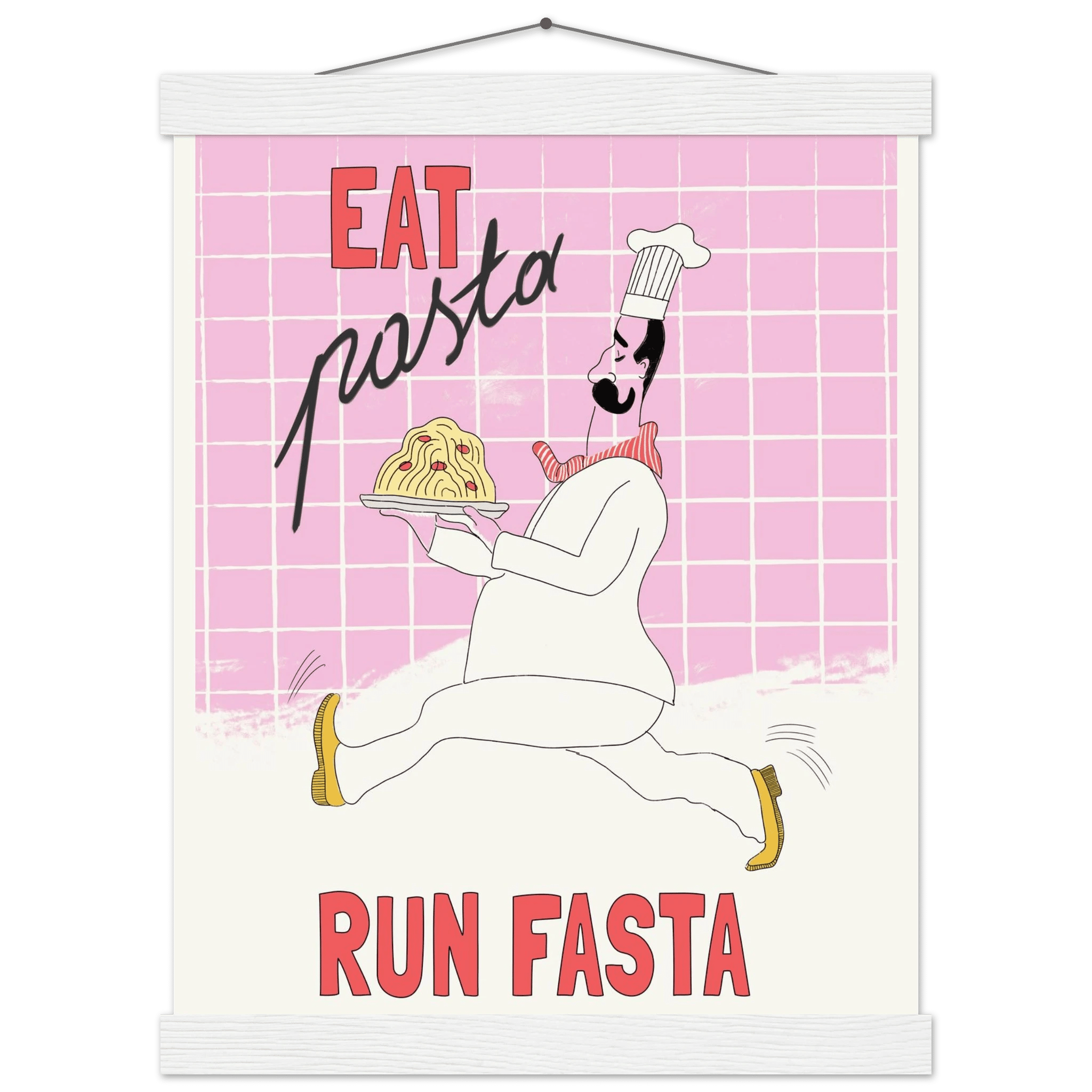 Eat Pasta Run Fasta Poster – Playful Kitchen Wall Art Print (Light Pink) - Evergreen Posters
