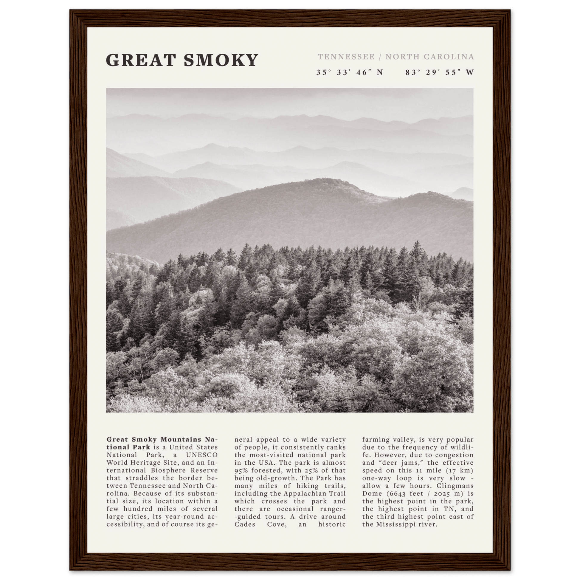 Great Smoky Mountains Poster | Black & White National Park Wall Art | Tennessee Print - Evergreen Posters