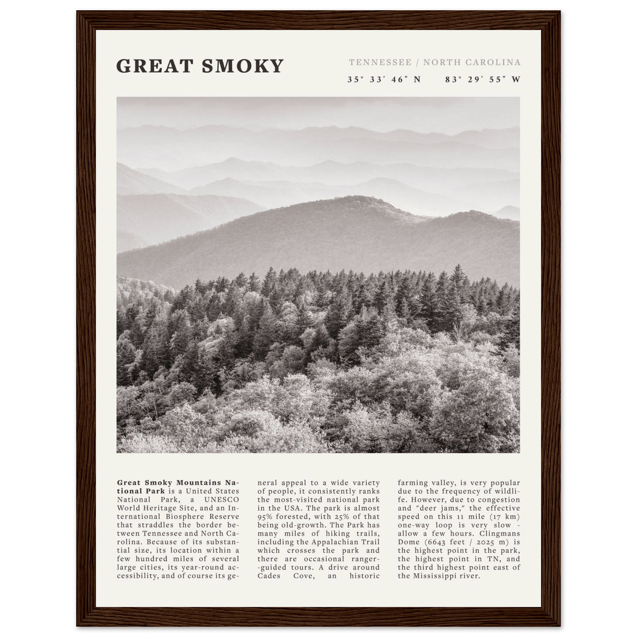 Great Smoky Mountains Poster | Black & White National Park Wall Art | Tennessee Print - Evergreen Posters
