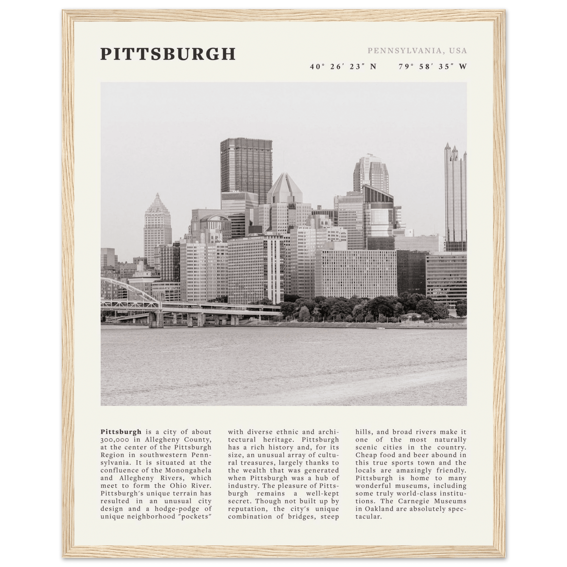 Pittsburgh Poster | Black & White Pennsylvania Skyline Wall Art | PA Travel Print - Evergreen Posters
