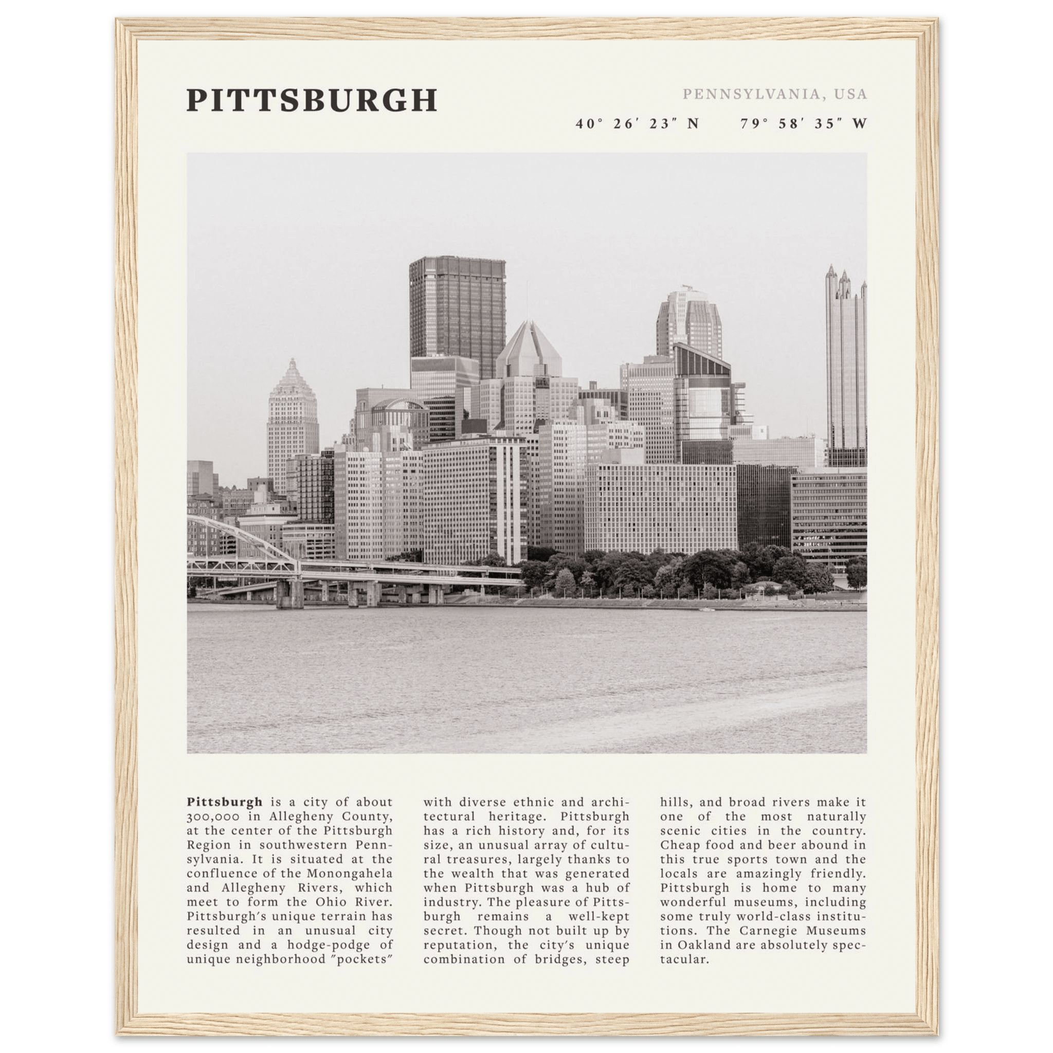 Pittsburgh Poster | Black & White Pennsylvania Skyline Wall Art | PA Travel Print - Evergreen Posters