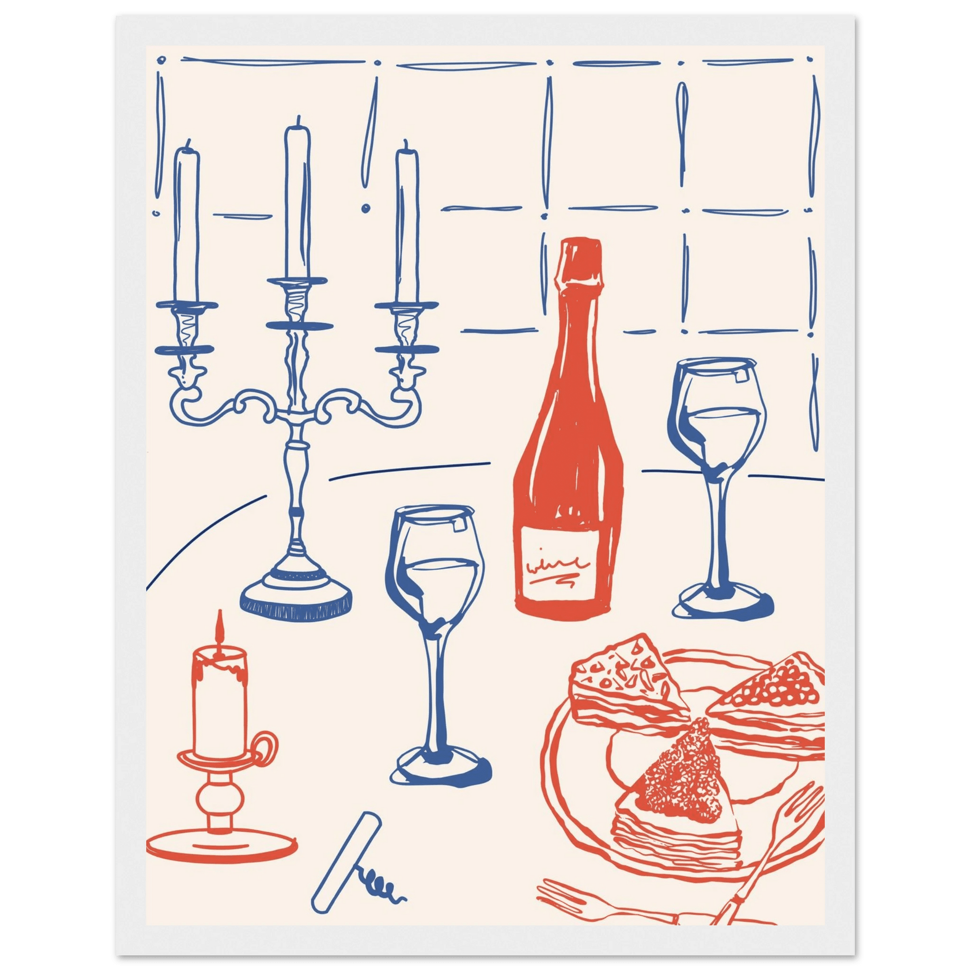 Candlelight Dinner Print | Wine & Candelabra Line Art Wall Art | Kitchen Poster - Evergreen Posters