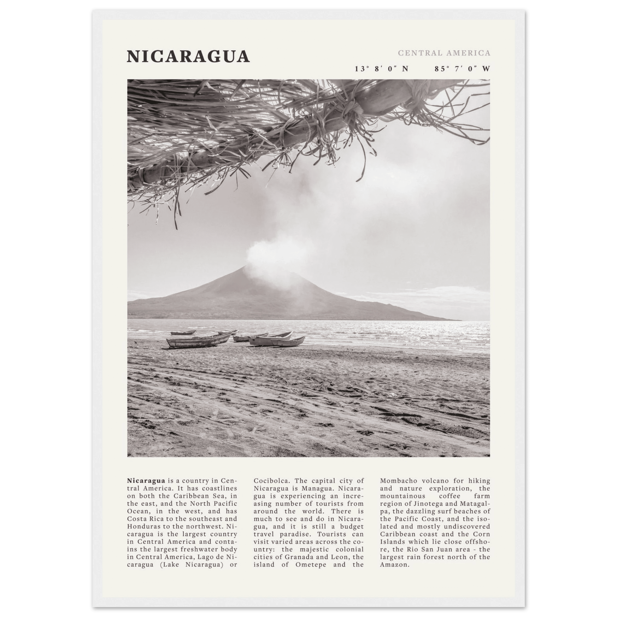 Nicaragua Poster | Black & White Volcano Wall Art | Central America Travel Print - Evergreen Posters
