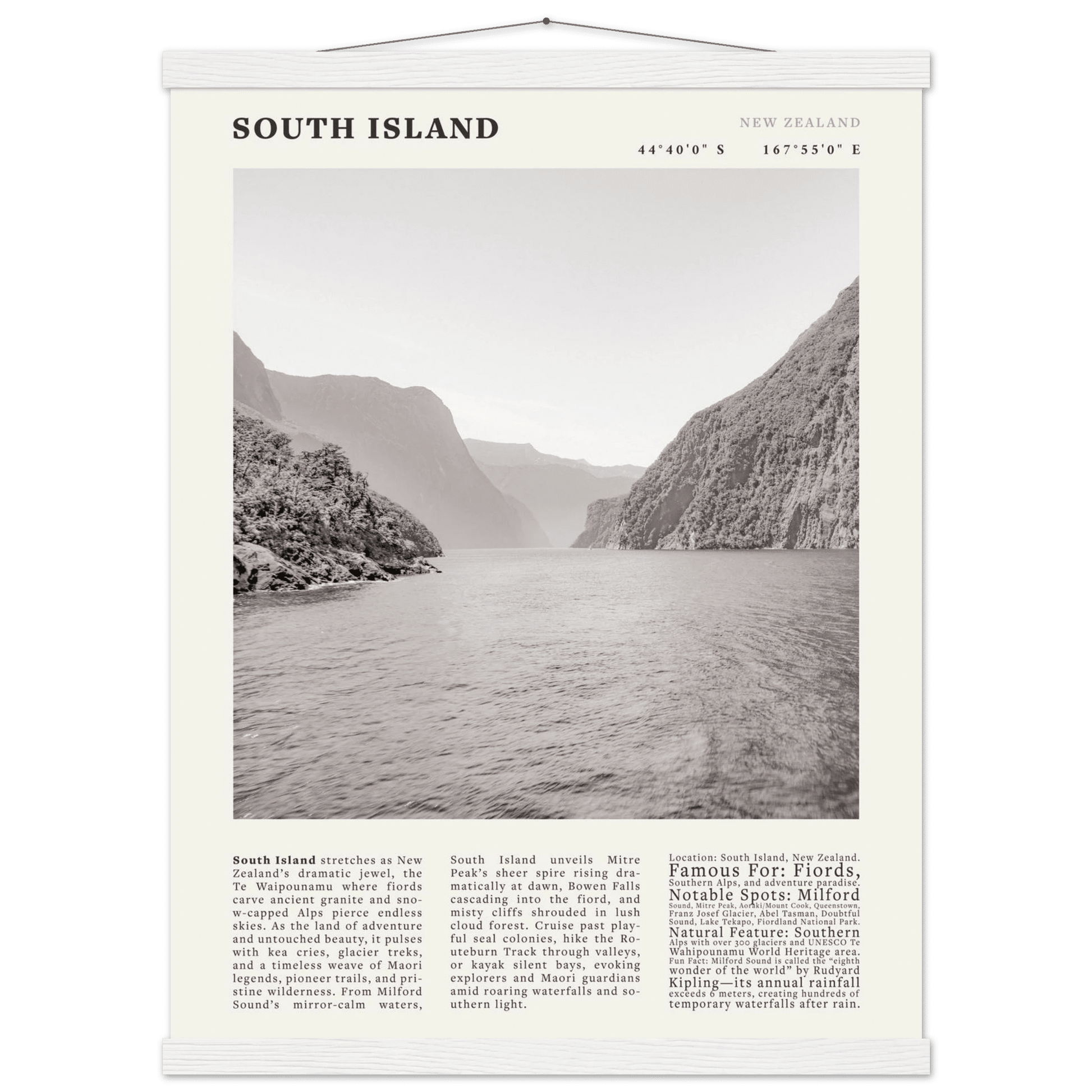 South Island New Zealand Poster Black and White – Vintage Milford Sound Fjord Print - Evergreen Posters