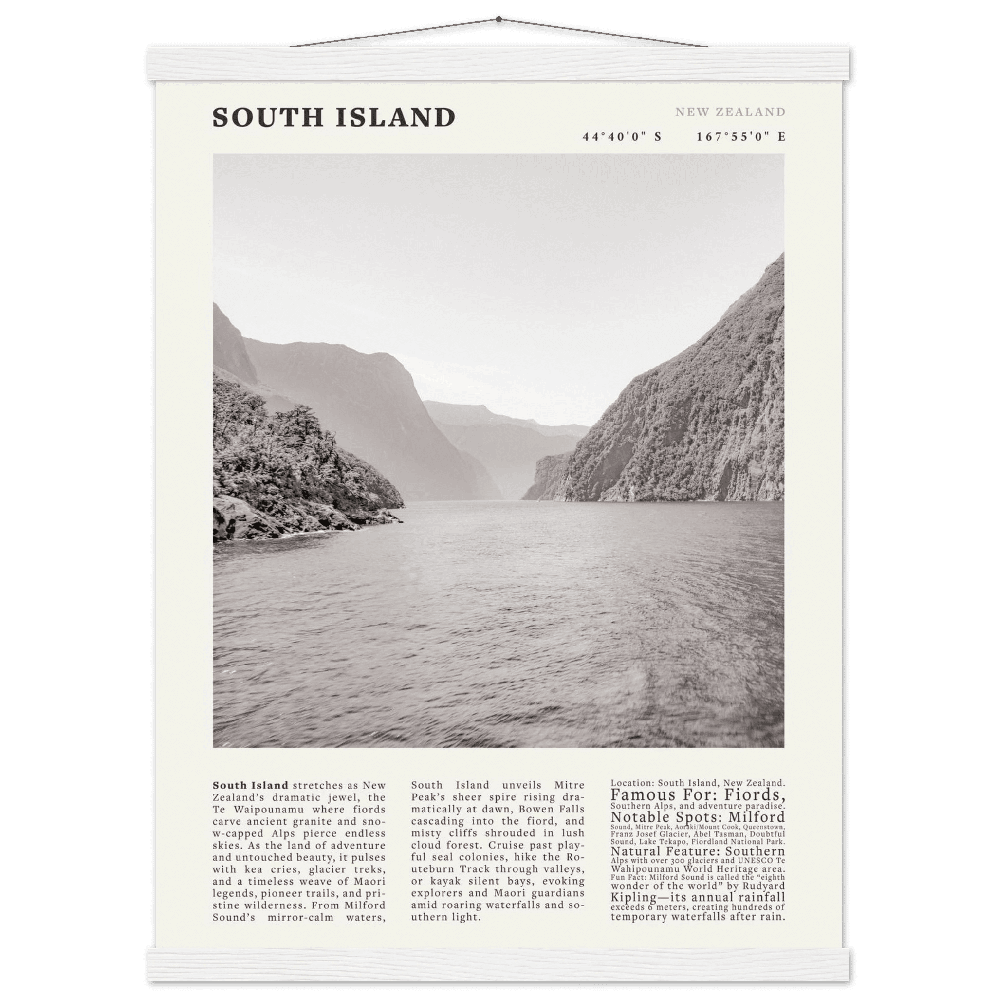 South Island New Zealand Poster Black and White – Vintage Milford Sound Fjord Print - Evergreen Posters