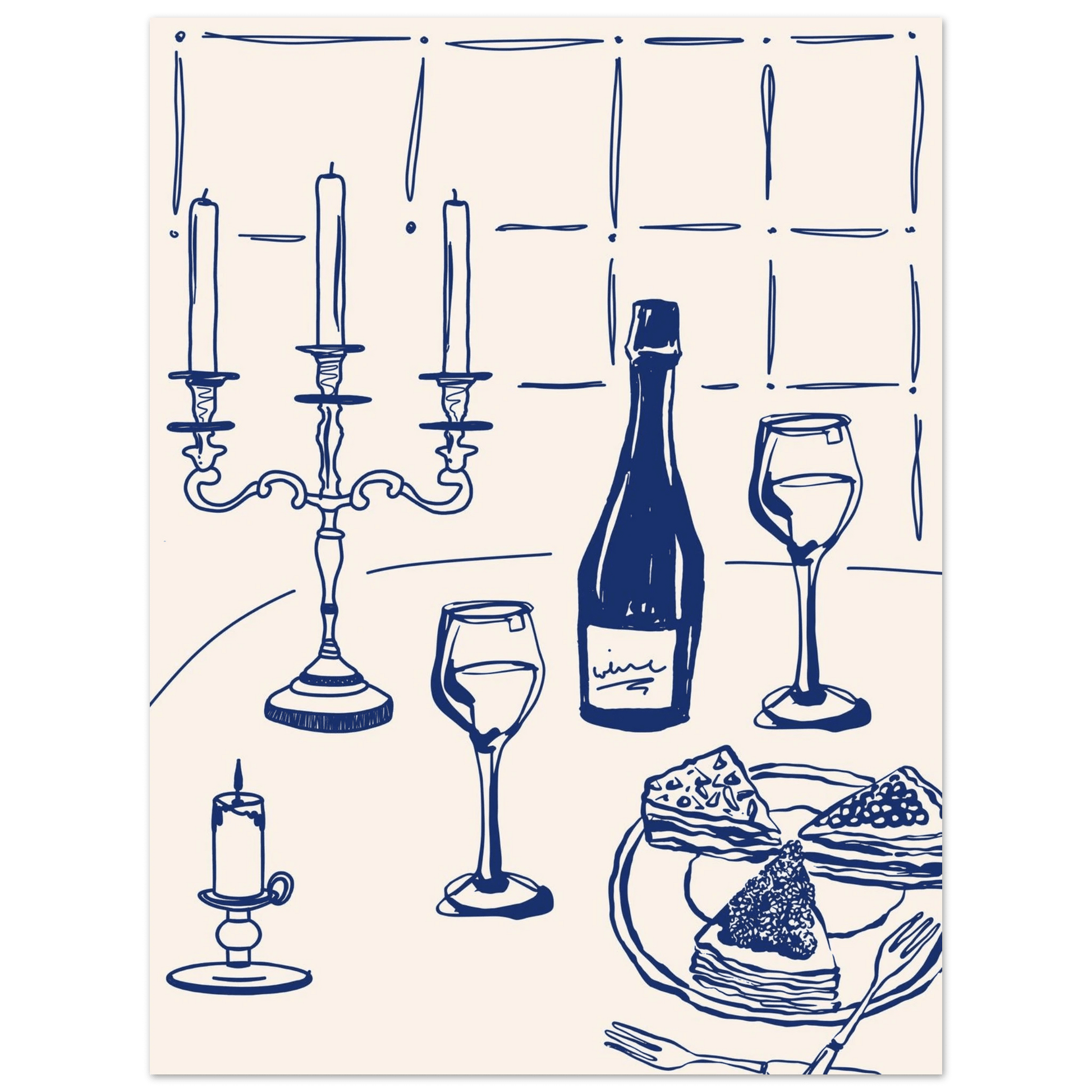 Candlelight Dinner Print | Navy Blue Wine & Candelabra Line Art | Kitchen Poster - Evergreen Posters