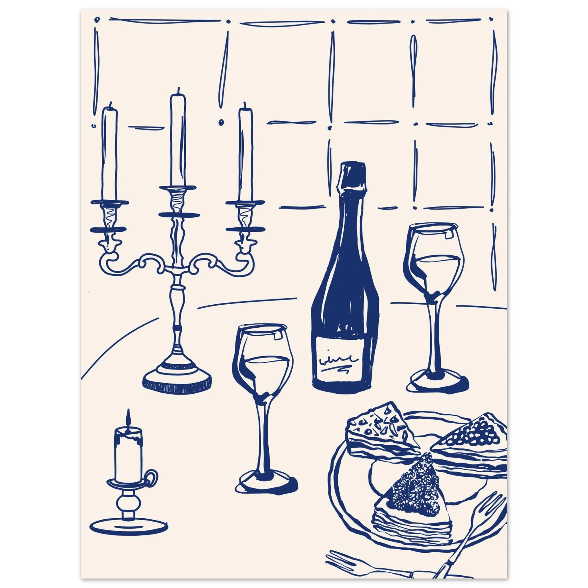 Candlelight Dinner Print | Navy Blue Wine & Candelabra Line Art | Kitchen Poster - Evergreen Posters