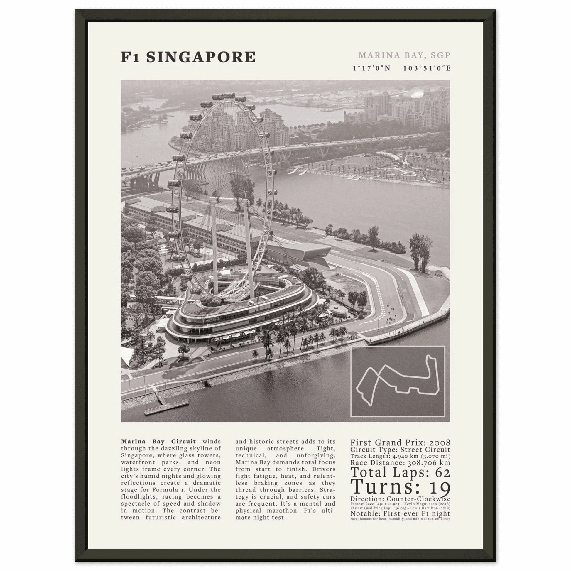 F1 Singapore Poster Black and White – Vintage Marina Bay Night Race Print (Digital & Printed Options) - Evergreen Posters