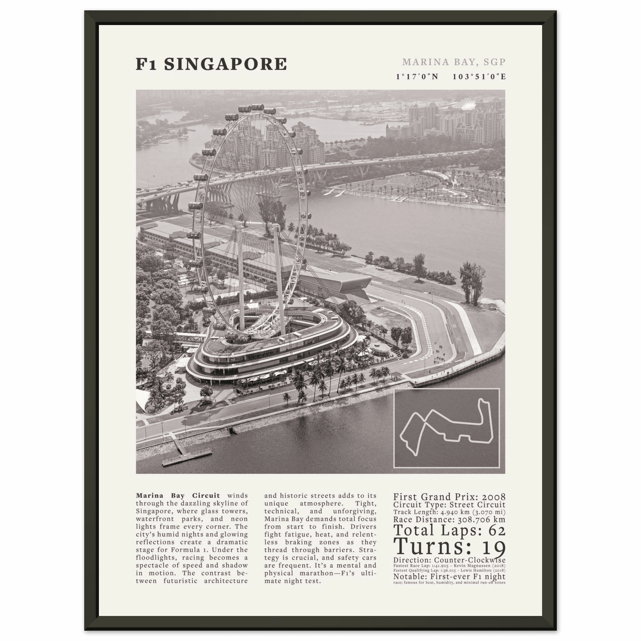 F1 Singapore Poster Black and White – Vintage Marina Bay Night Race Print (Digital & Printed Options) - Evergreen Posters