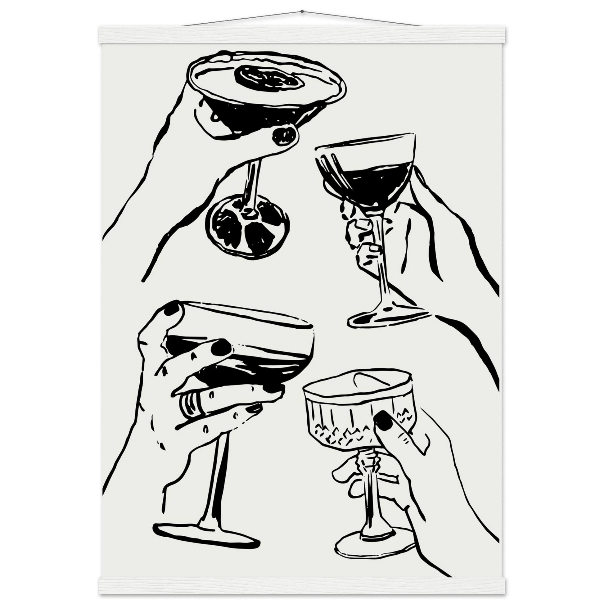 Cheers Print | Black Line Art Cocktail Glasses Wall Art | Kitchen Bar Poster - Evergreen Posters