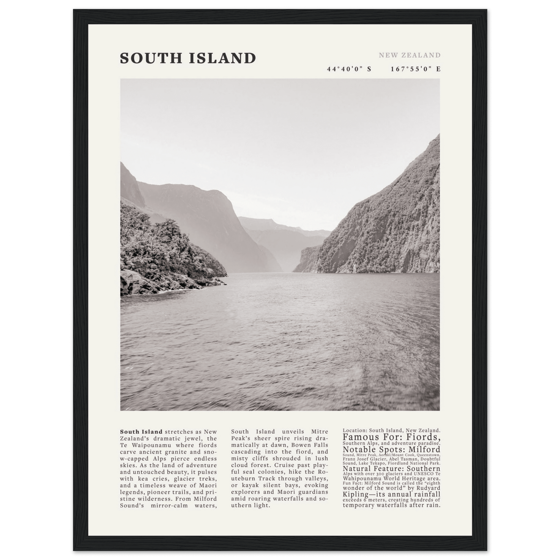 South Island New Zealand Poster Black and White – Vintage Milford Sound Fjord Print - Evergreen Posters