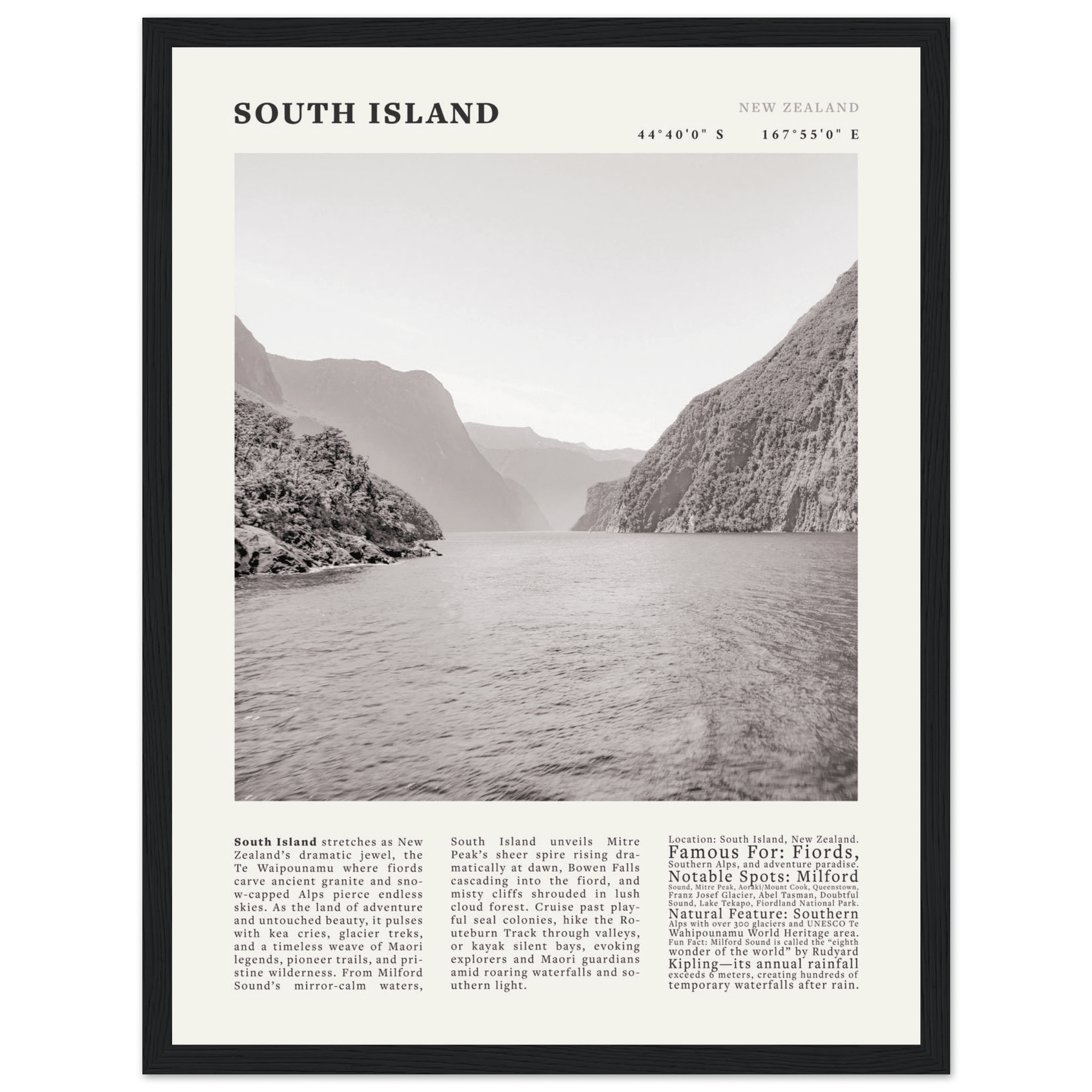 South Island New Zealand Poster Black and White – Vintage Milford Sound Fjord Print - Evergreen Posters