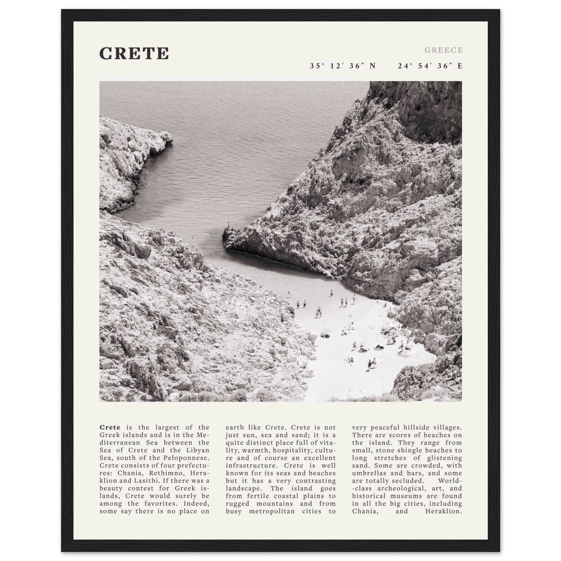 Crete Poster | Black & White Greece Beach Wall Art | Mediterranean Travel Print - Evergreen Posters
